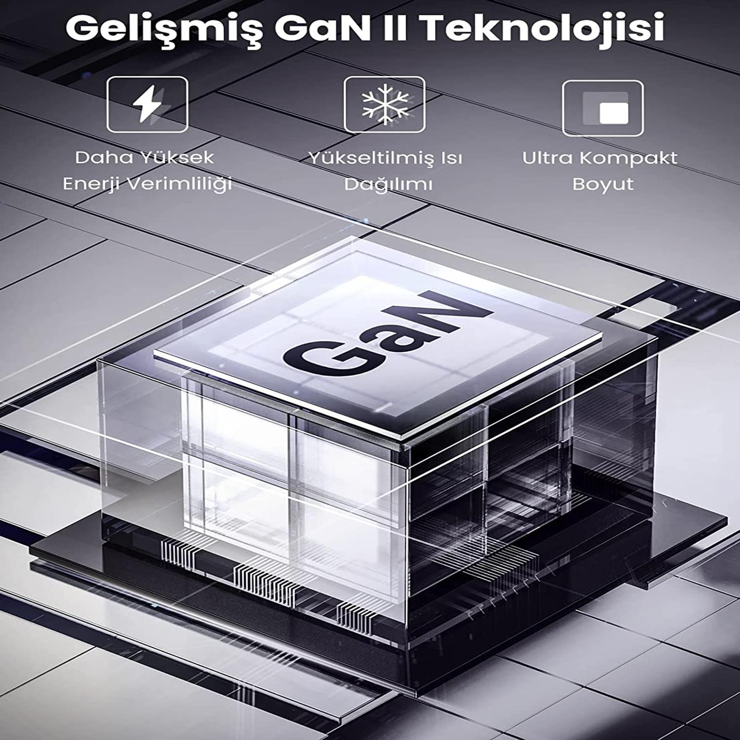 Türkçe metin içeren bir GaN bileşeni gösteren diyagram: 'Gelişmiş GaN II Teknolojisi'.