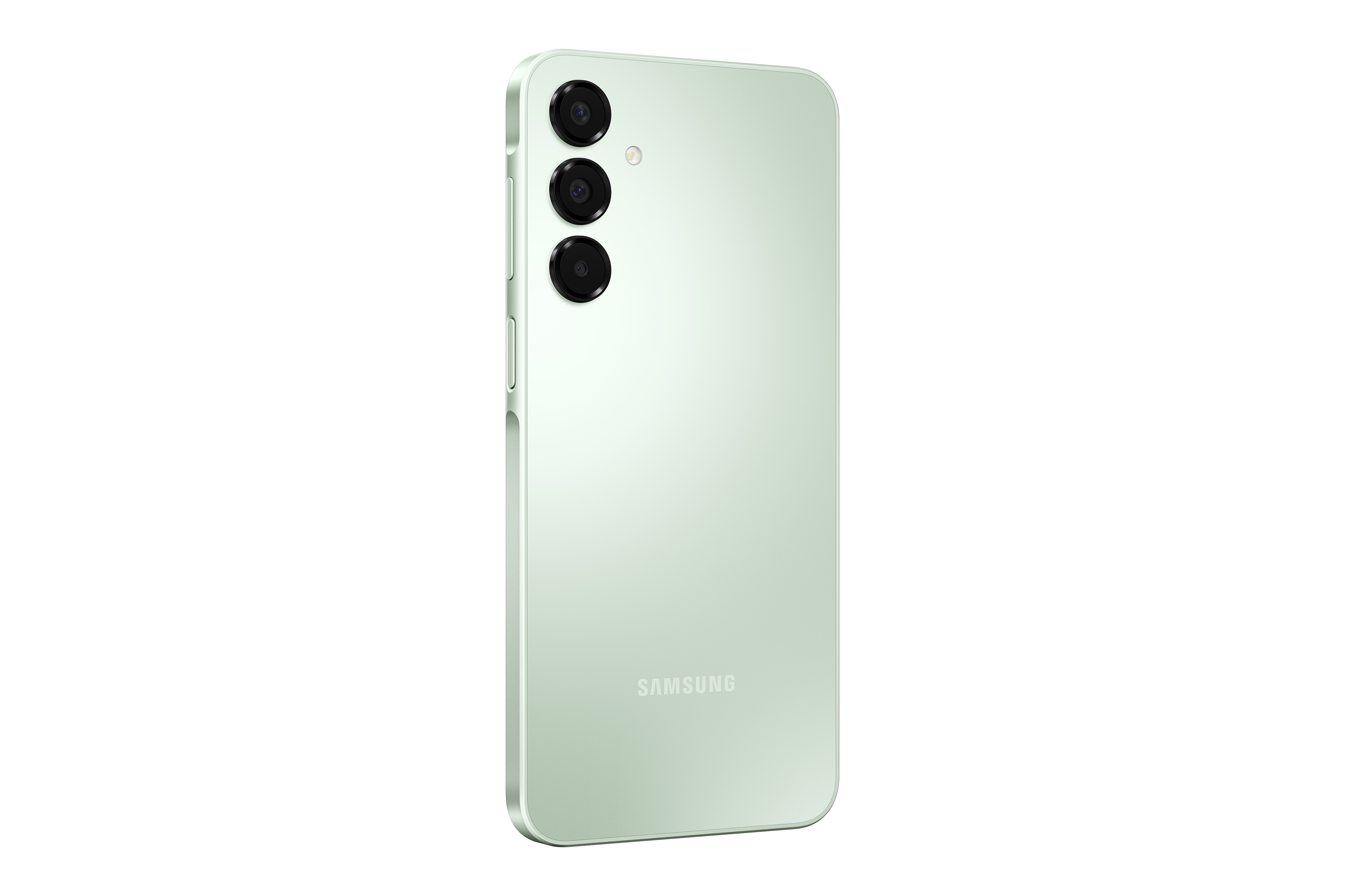 Üç arka kamerası ve Samsung logosu bulunan açık yeşil bir akıllı telefon.