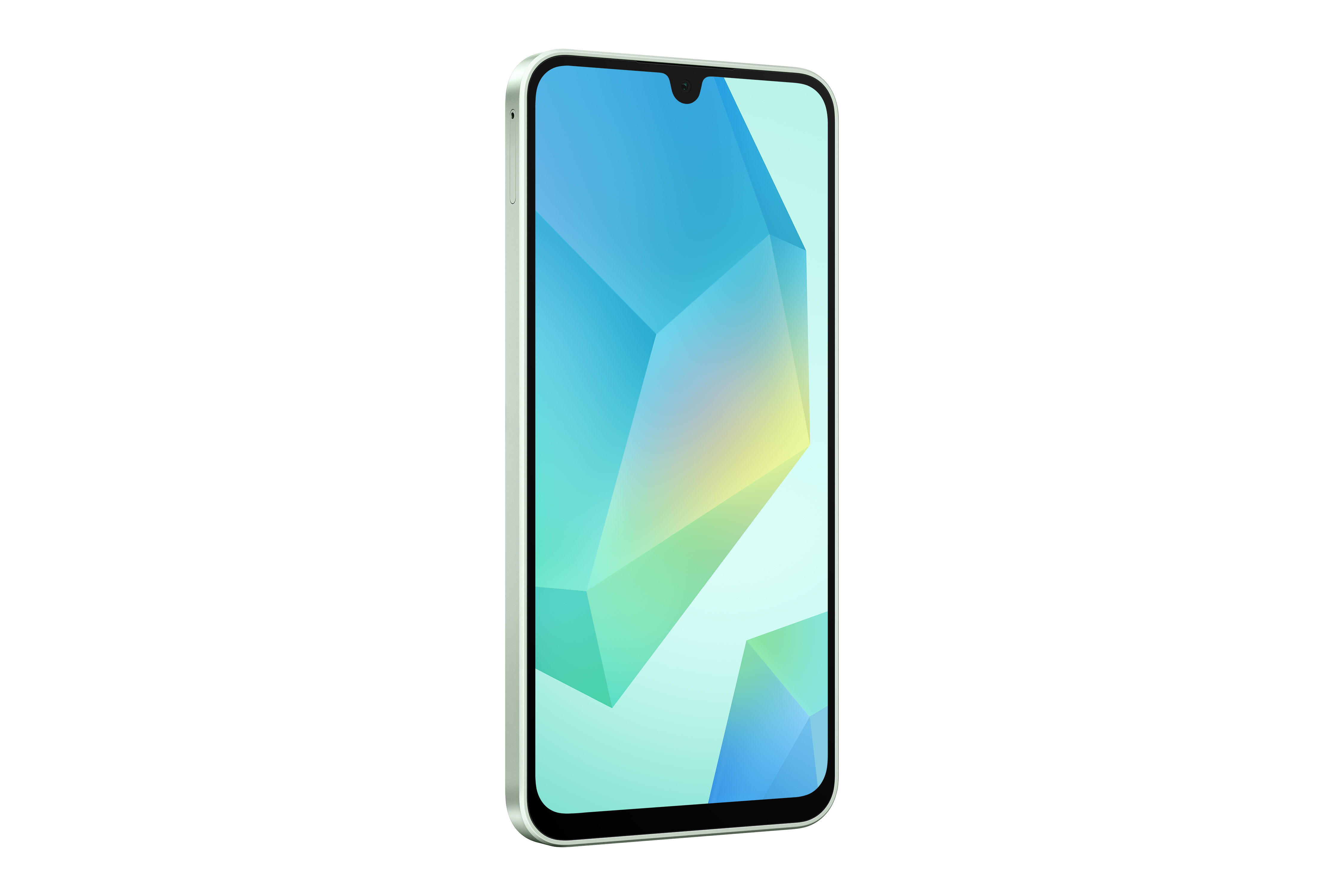 Açık yeşil bir akıllı telefon. Ekran, renkli, geometrik bir soyut tasarım gösteriyor.