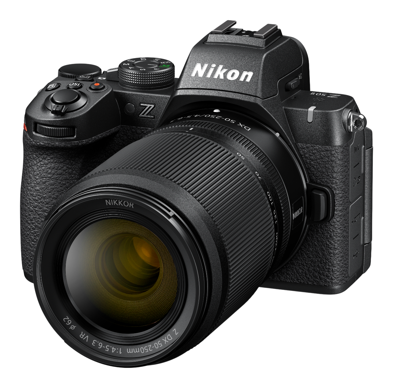 Eine schwarze Nikon Z-Serie Kamera mit Objektiv auf schwarzem Hintergrund.