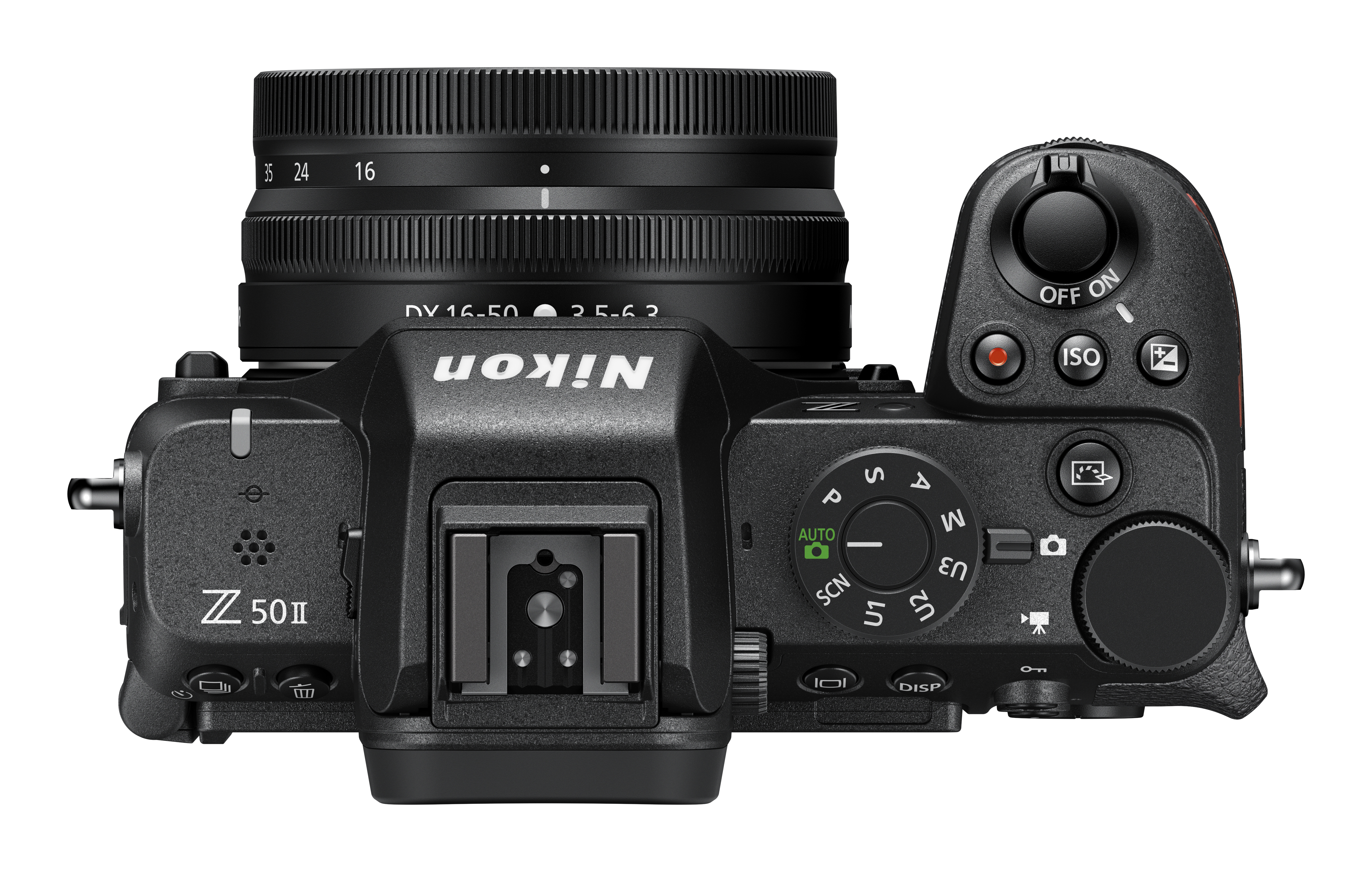 Draufsicht auf eine schwarze Nikon-Kamera mit Objektiv. Knöpfe, Räder und Marke auf dem Kameragehäuse sichtbar.