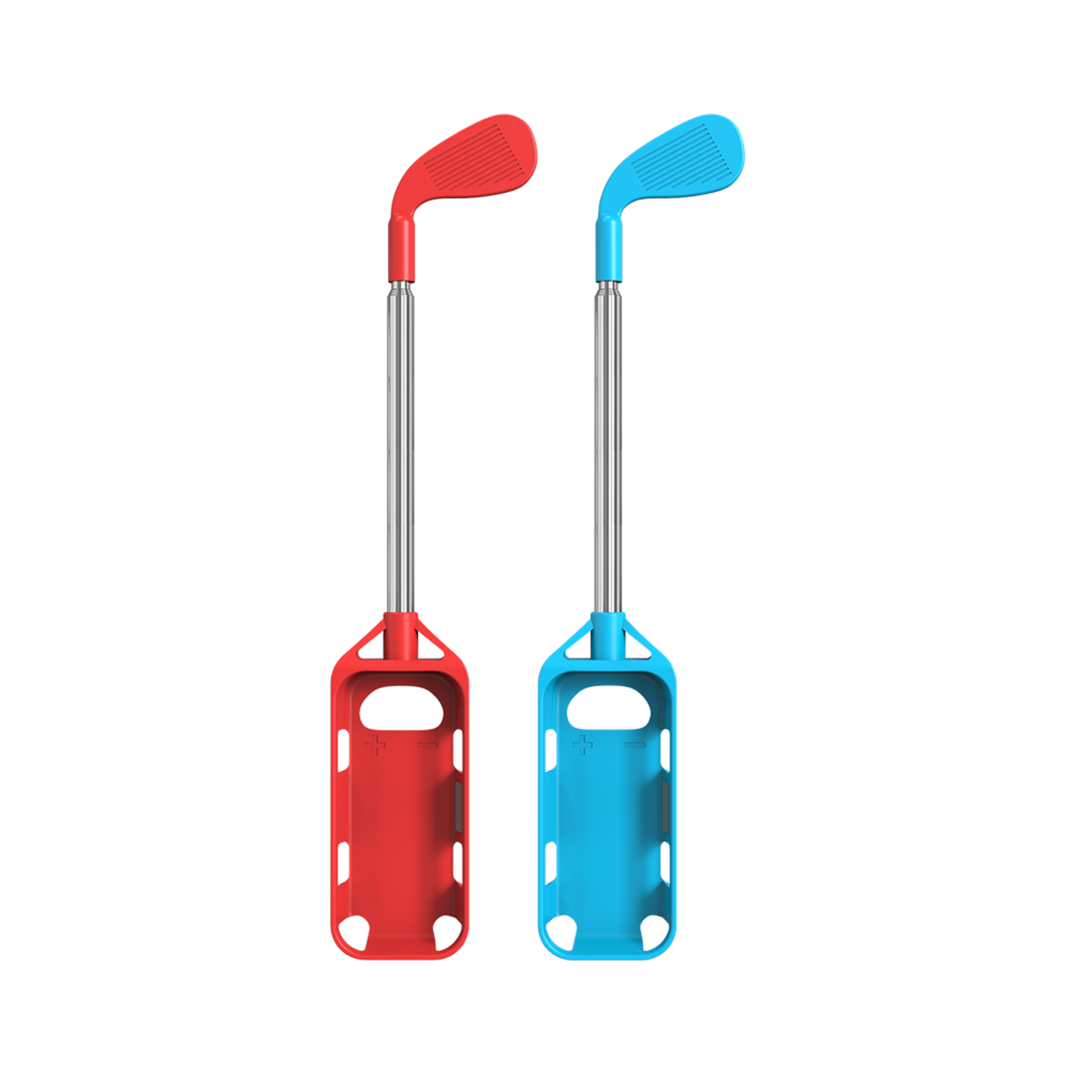 Twee golfclubbevestigingen, één rood en één blauw.