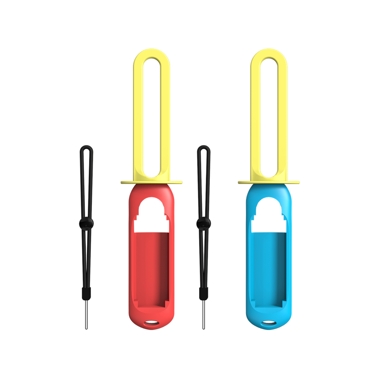 Twee Switch-controllers, rood en blauw, met gele handgrepen, zwarte bandjes. Zwarte achtergrond.