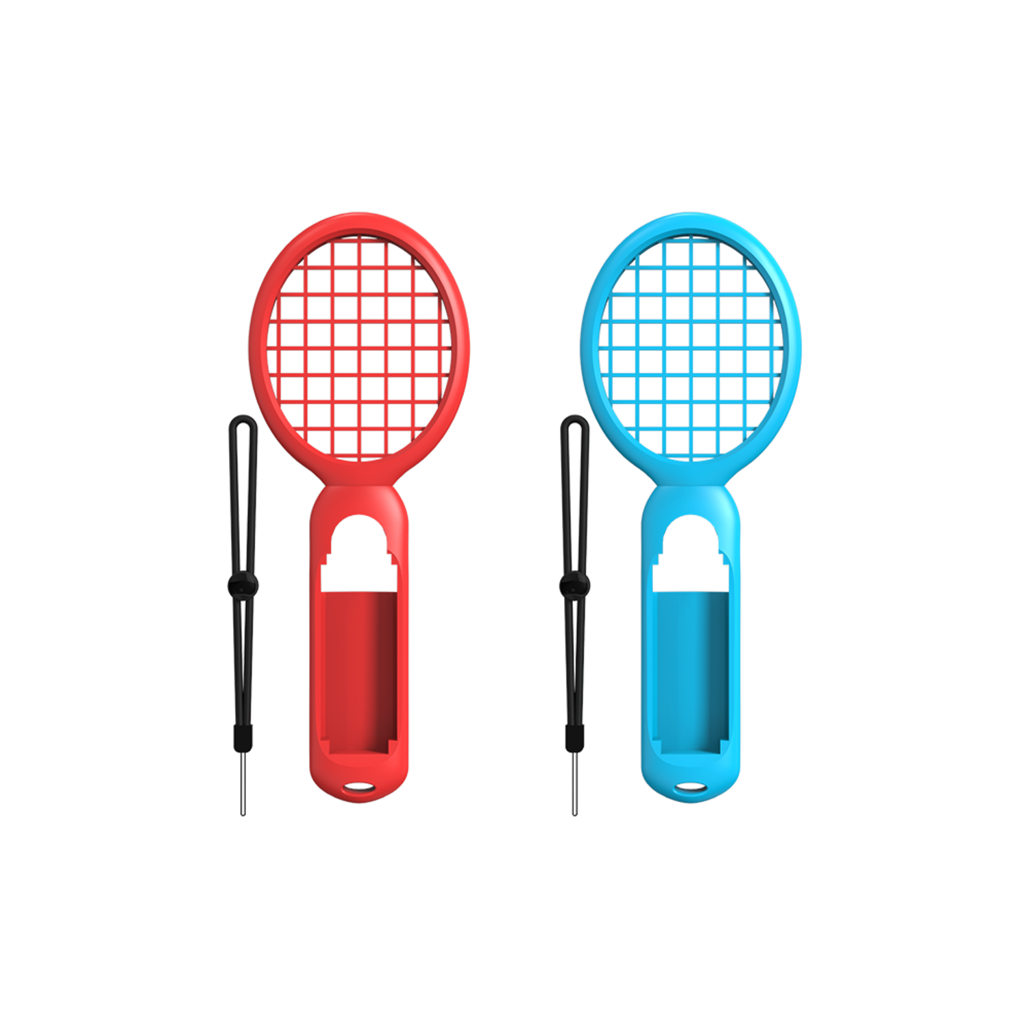 Twee badmintonrackets, rood en blauw, op een zwarte achtergrond.
