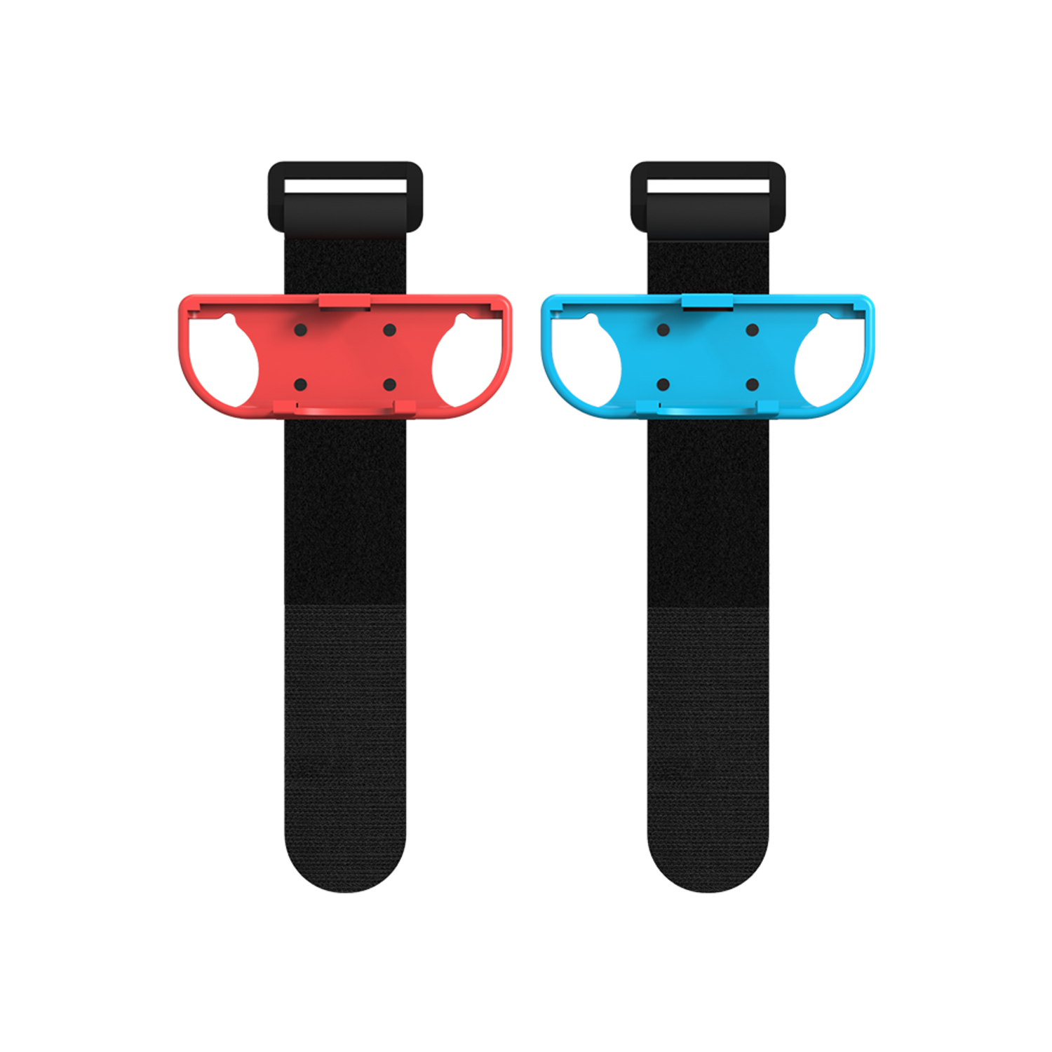 Twee gamecontrollers met polsbandjes in rood en blauw, op een zwarte achtergrond.