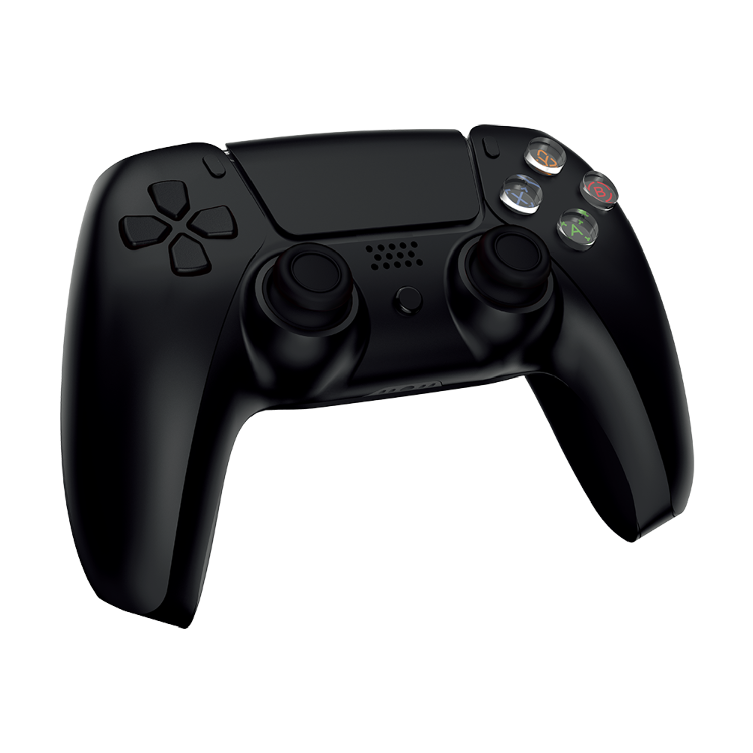 Zwarte gamecontroller met knoppen, geïsoleerd op een zwarte achtergrond, bovenaanzicht.