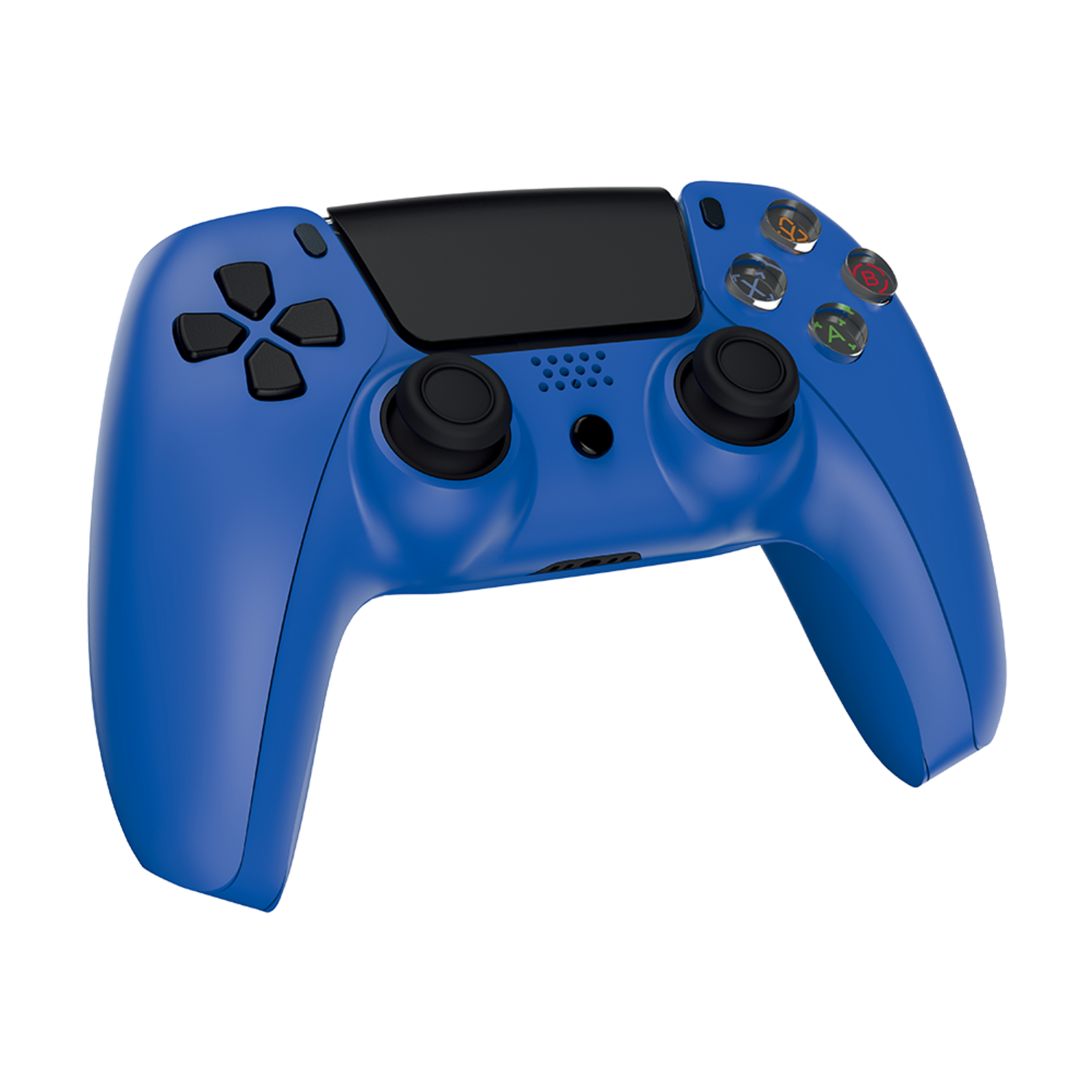 Blauwe gamecontroller met zwarte joysticks en knoppen. Knoppen zijn veelkleurig.
