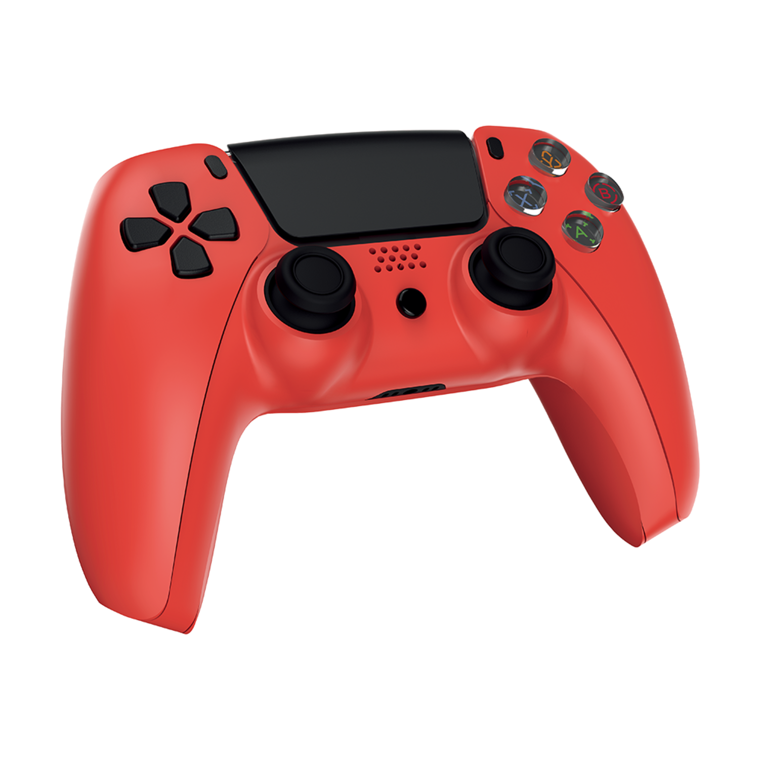 Rode gamecontroller met zwarte knoppen en joysticks, geïsoleerd op een zwarte achtergrond.