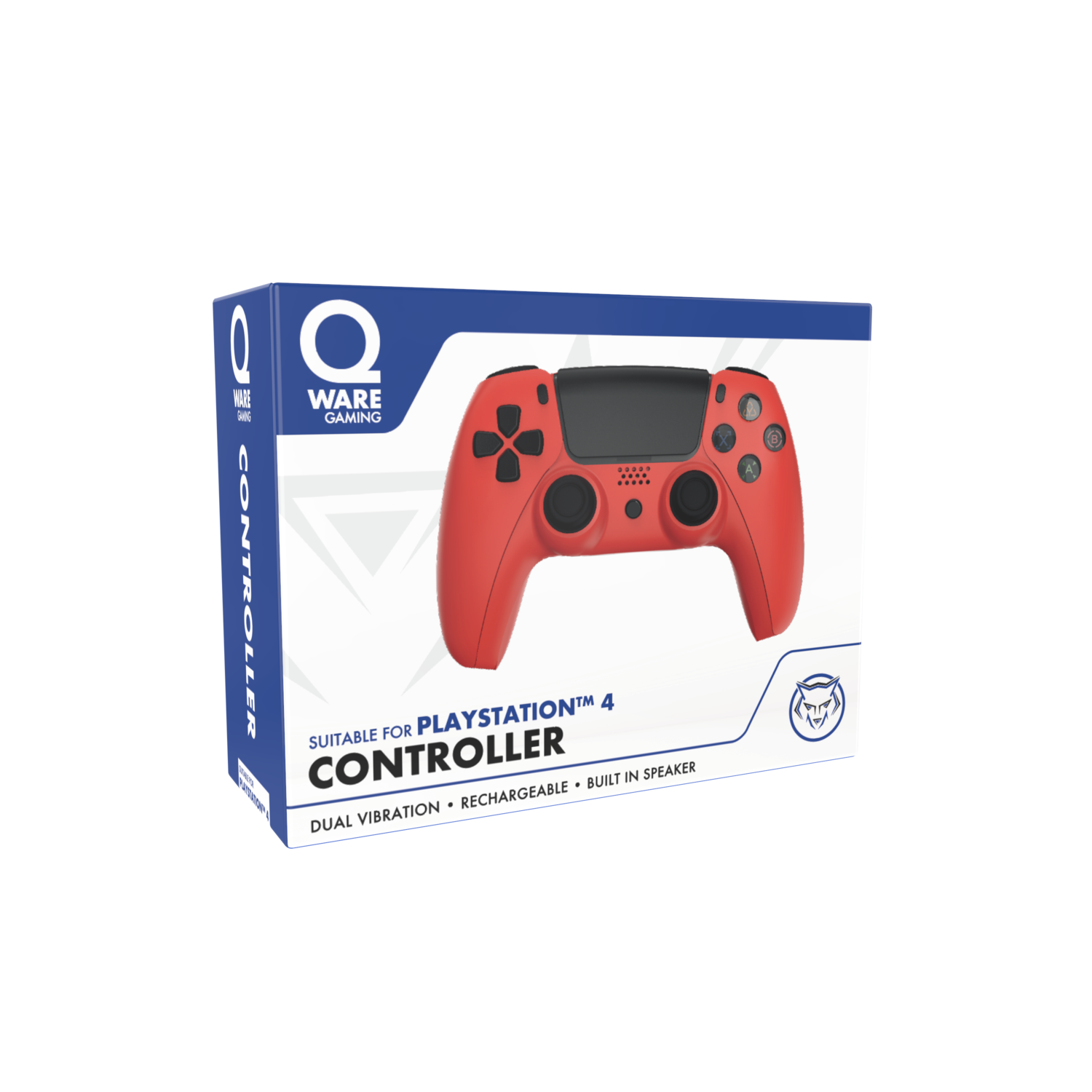 Een rode PlayStation 4-controller in een blauwe doos. Er staat 'Controller' en 'PlayStation 4'.