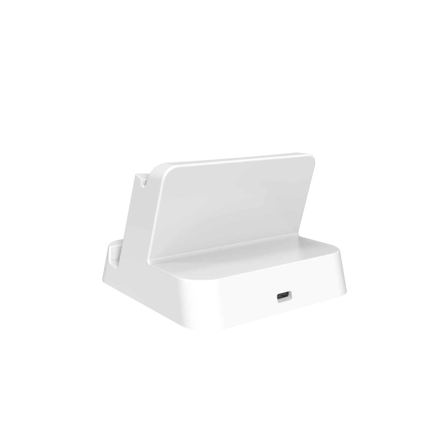 White charging dock for electronic devices, on a dark background.