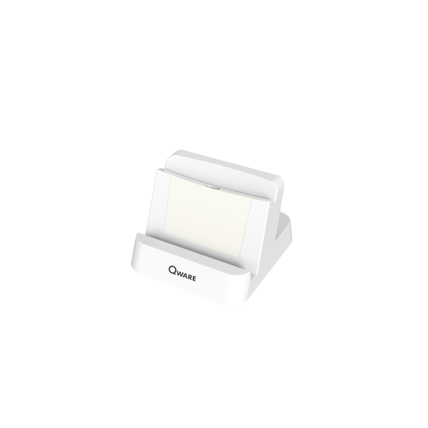 White charging dock with a slot for a device, set against a black background.