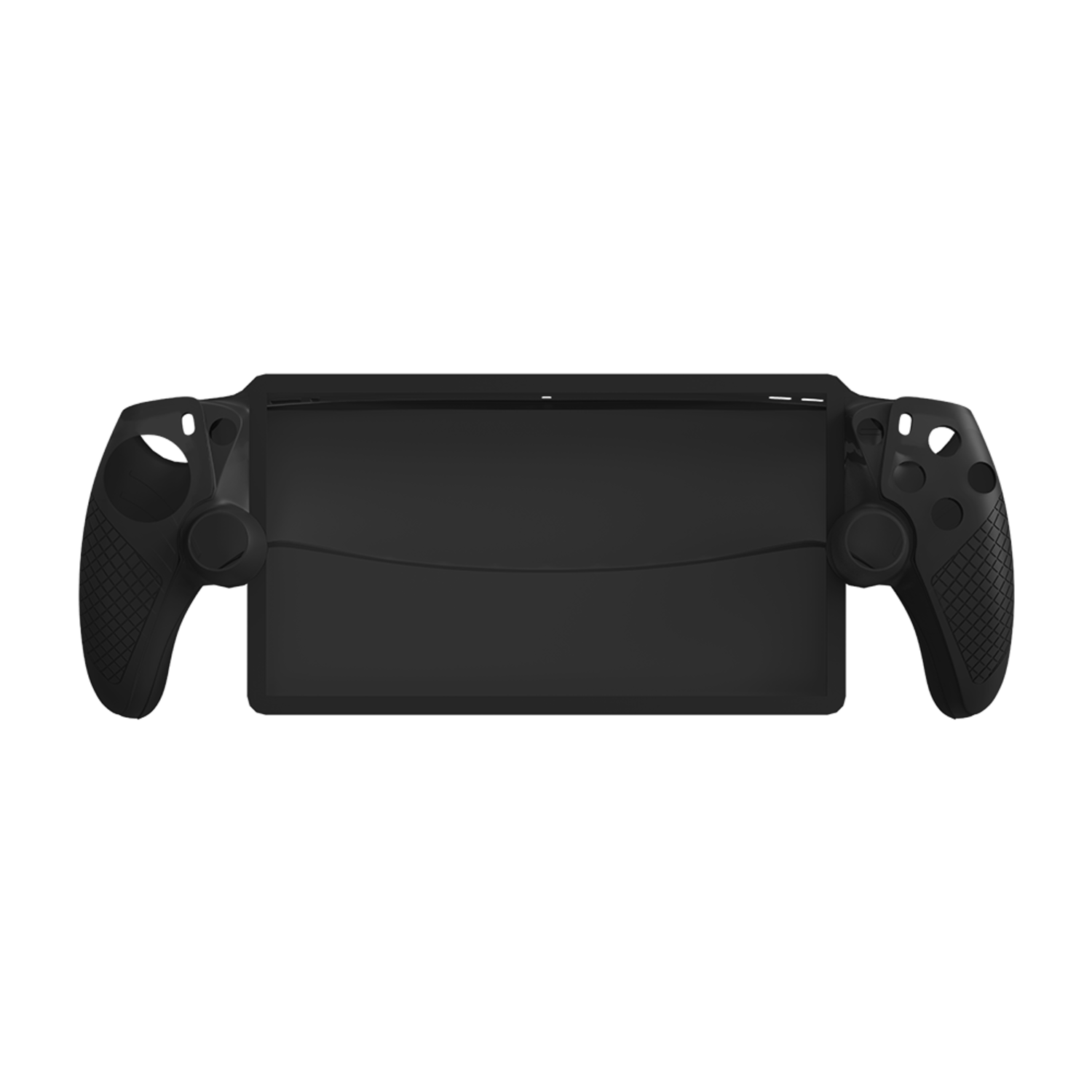 Zwarte tabletcontroller. De tablet staat in het midden, met handgrepen en knoppen aan elke kant.