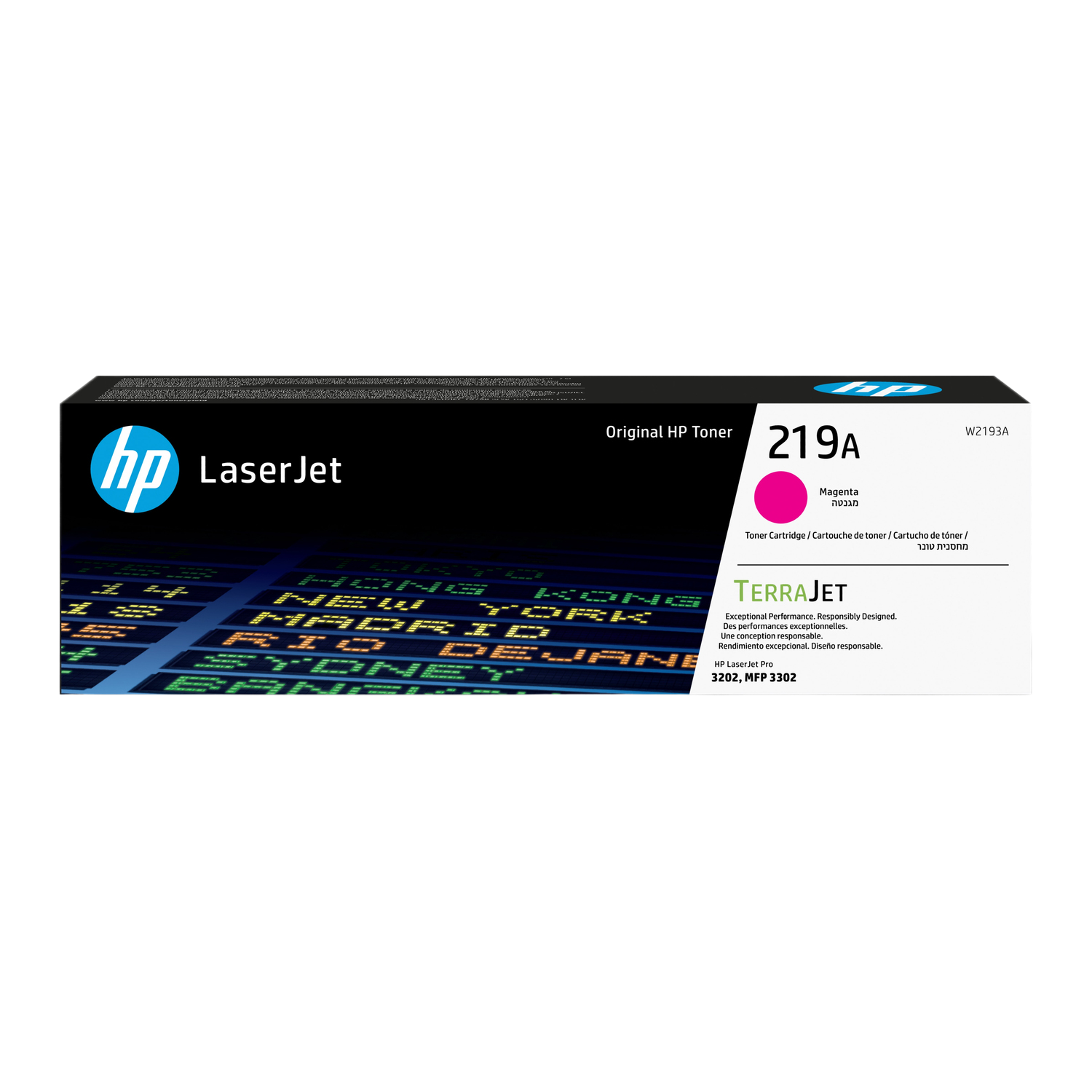 HP toner cartridge box. The box is black and blue, with magenta toner visible.