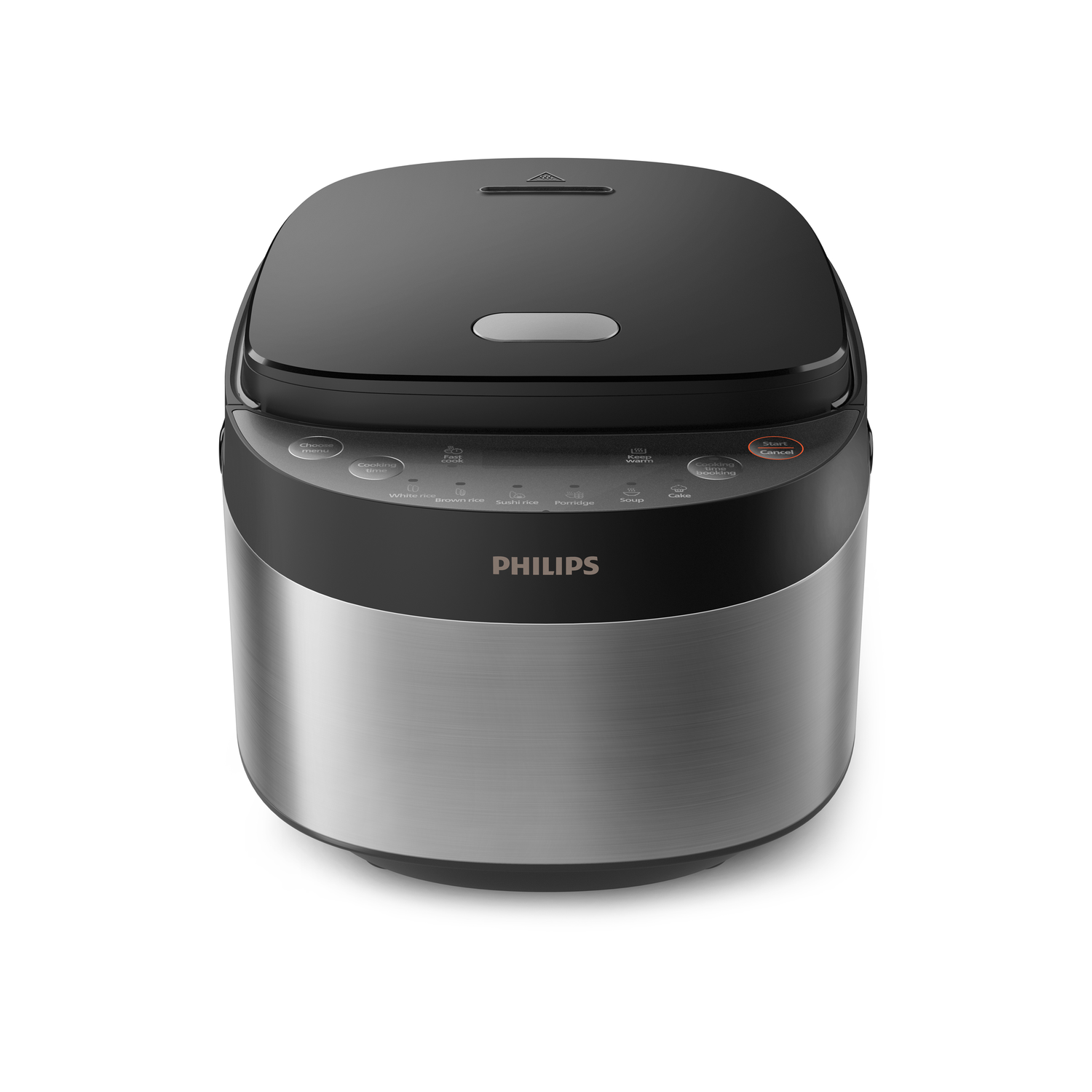 Zwart en zilver Philips rijstkoker met bedieningspaneel.