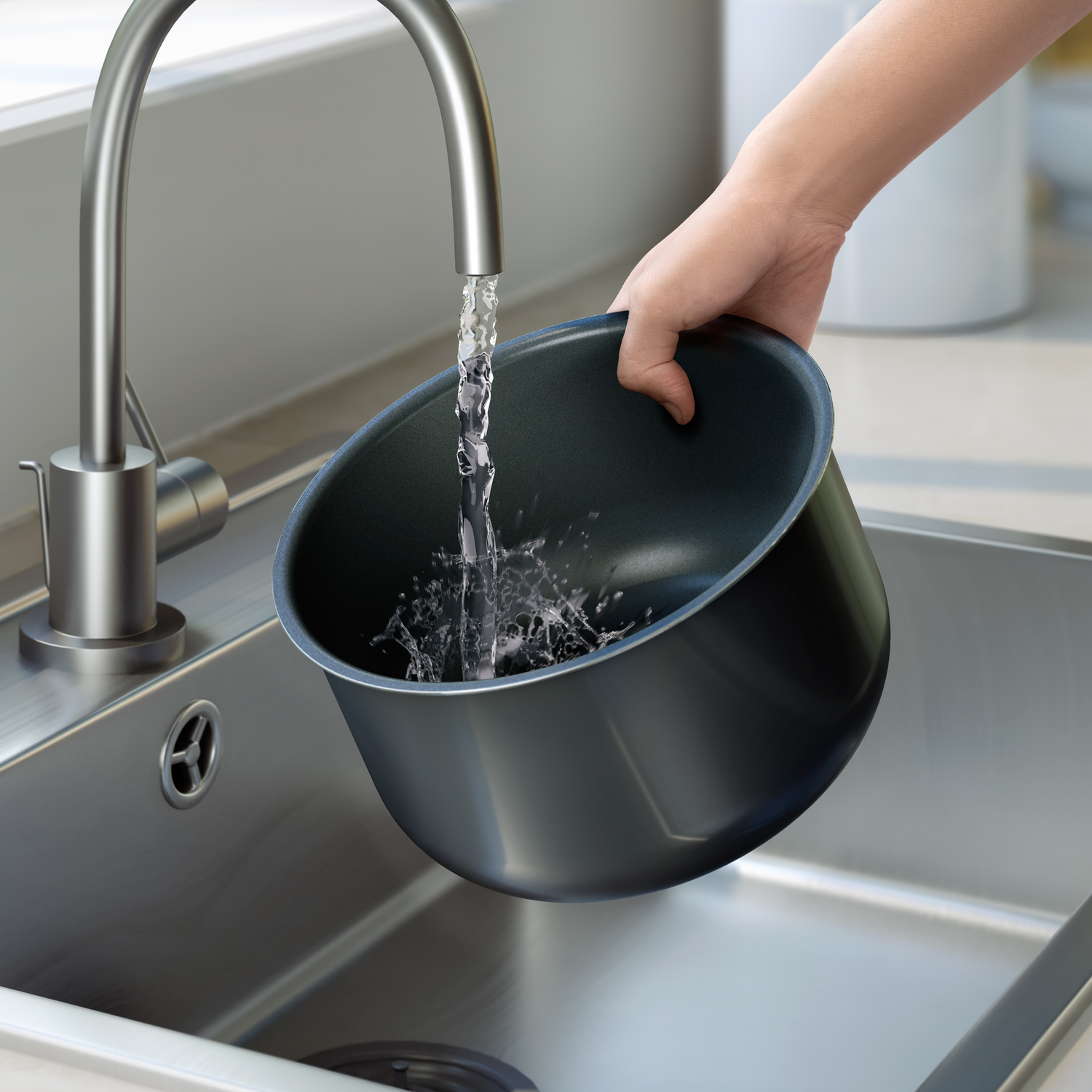 De hand van een persoon vult een donkergrijze pot met water uit een zilveren kraan.