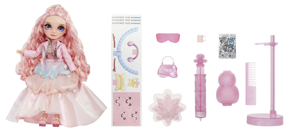 Różowa lalka z akcesoriami, w tym stojakiem, torebką i grzebieniem.