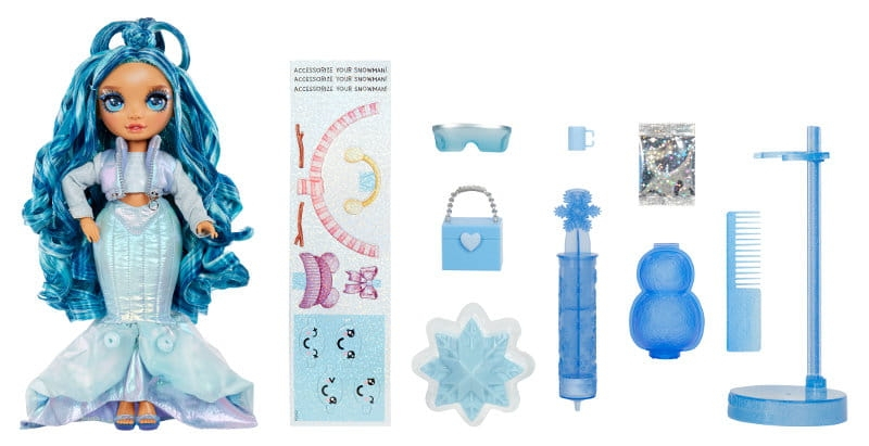 Lalka z niebieskimi włosami i akcesoriami. Zawiera okulary, torebkę, grzebień i śnieżynki.