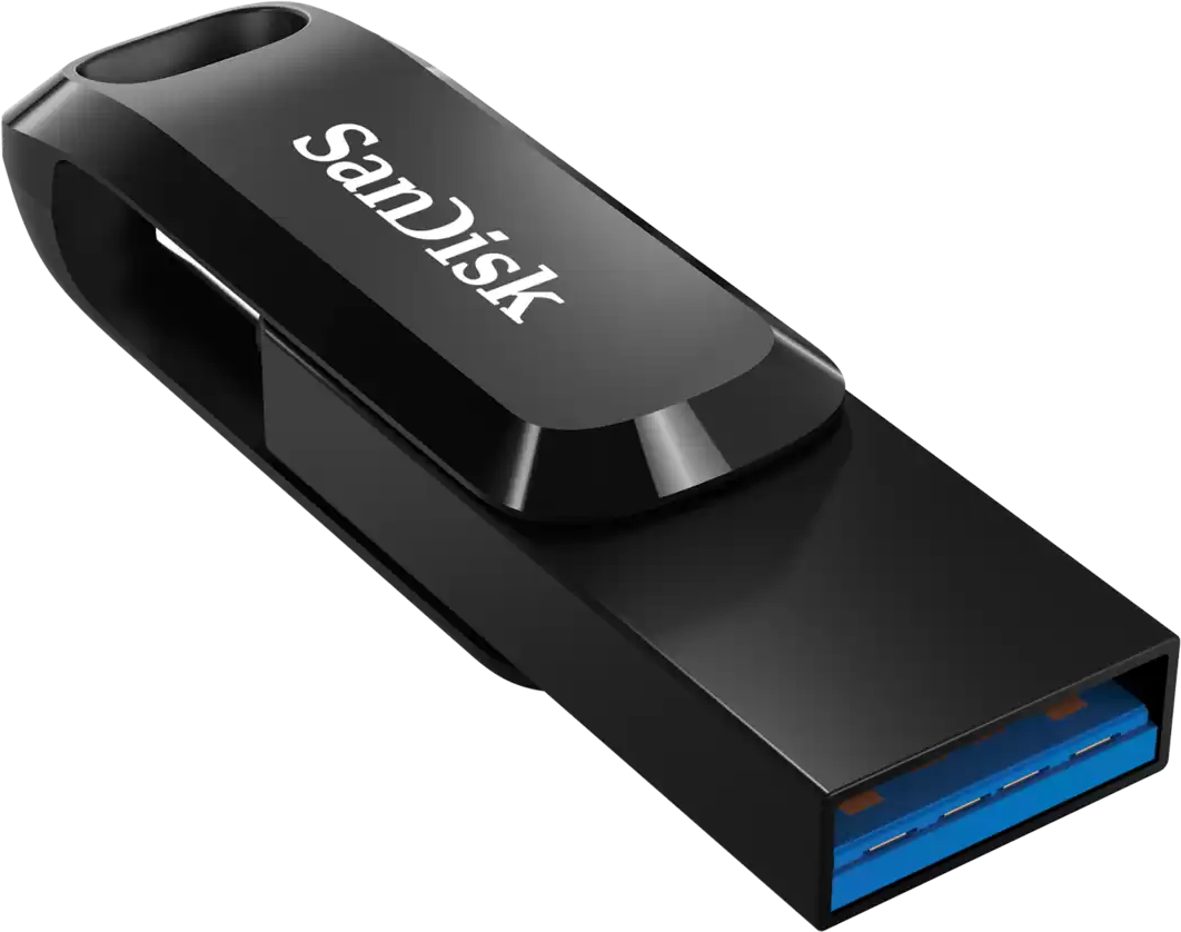 Fekete és ezüst USB flash meghajtó Sandisk logóval, fekete háttéren.