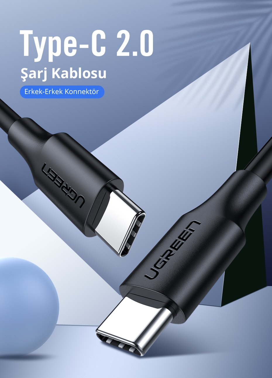 UGREEN markalı siyah USB-C kablosu, yakın çekim, mavi bir arka plan üzerinde.