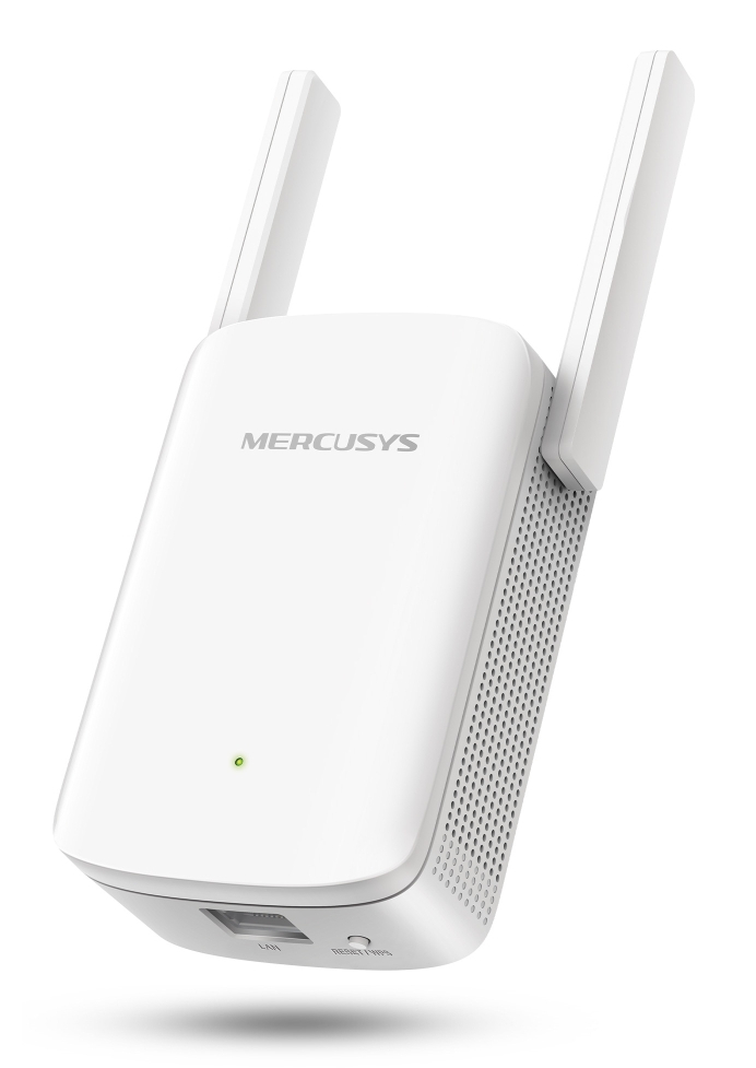 Biały wzmacniacz WiFi Mercusys z dwiema antenami. Świeci się zielona dioda LED. Port LAN z przodu.