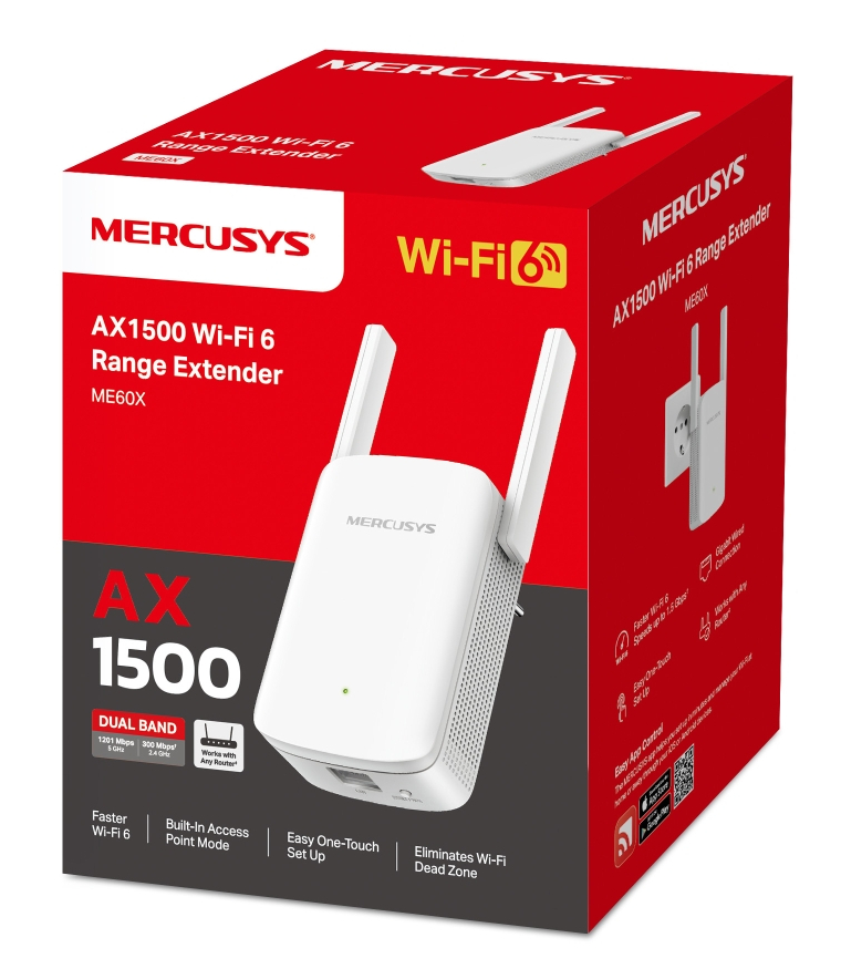 Pudełko przedłużacza zasięgu Wi-Fi 6 i samo urządzenie z tekstem o jego funkcjach.