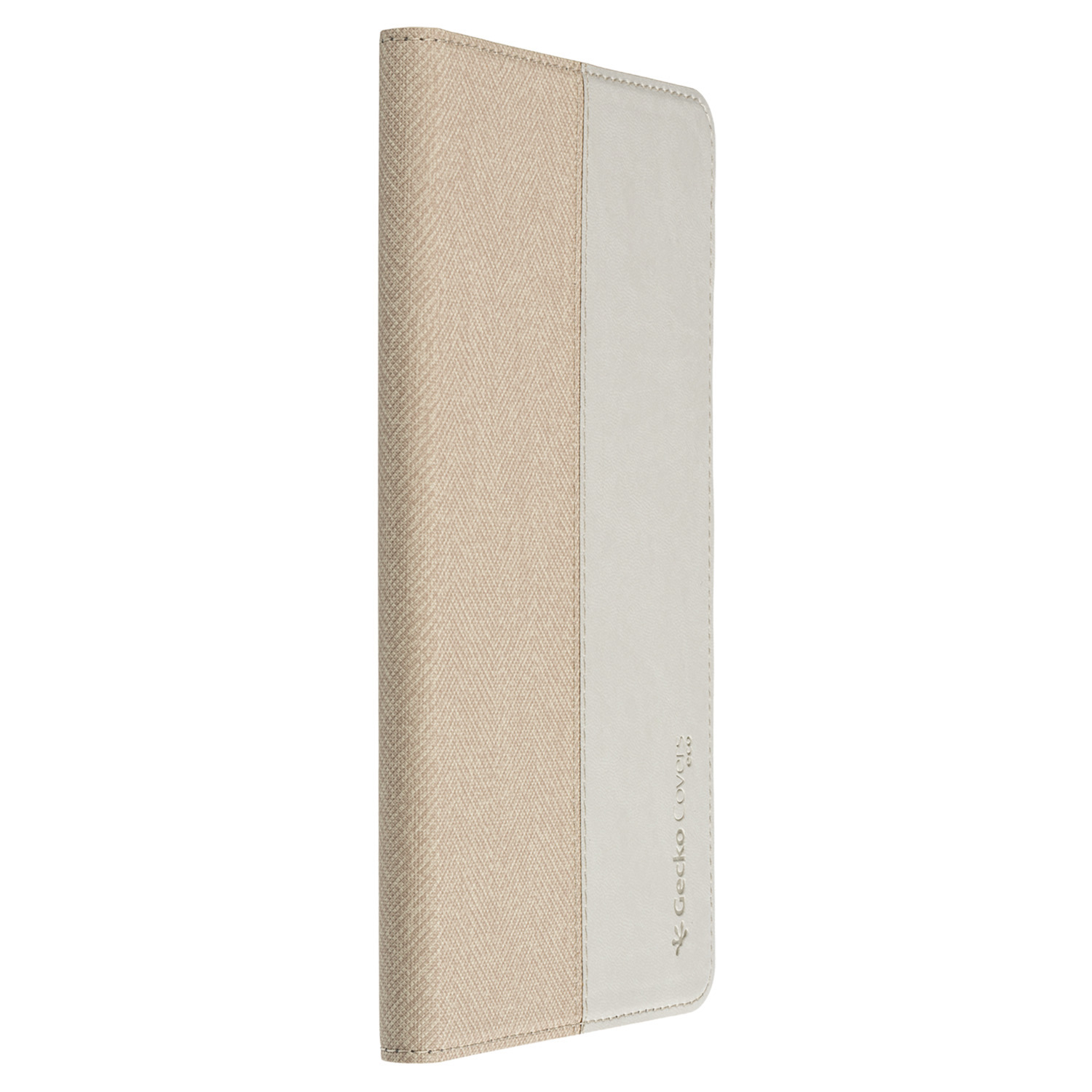 Tan and white tablet case, closed. Vertical view. Gecko Covers logo.