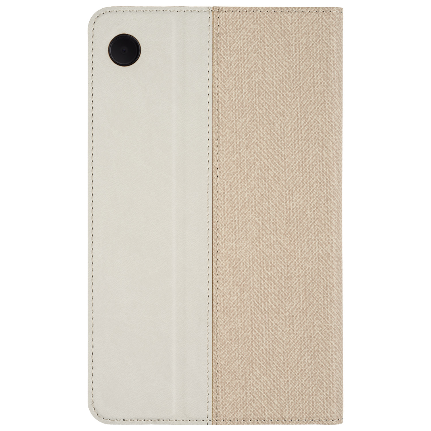 Beige and white tablet case, open, showing tablet screen.