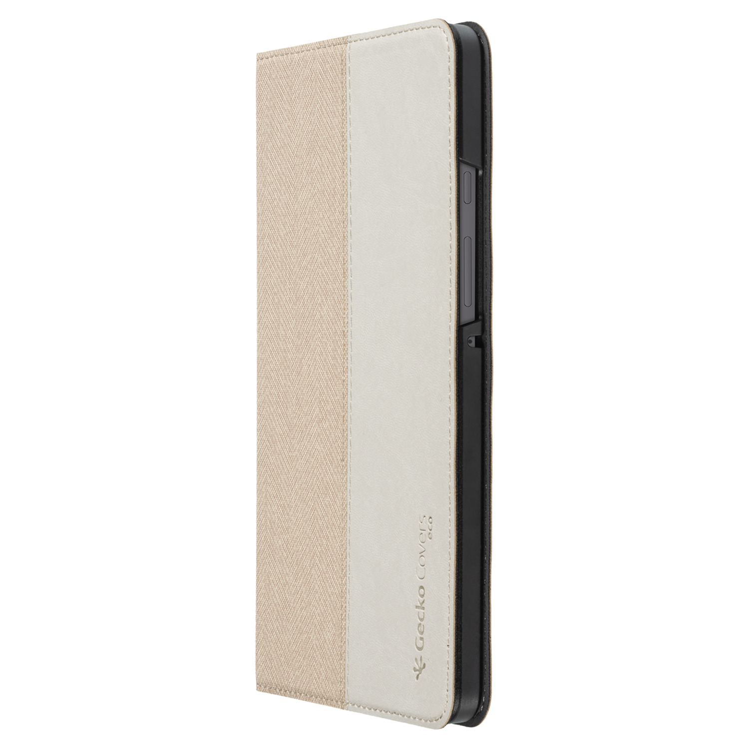 Tablet case with a beige and white striped pattern.