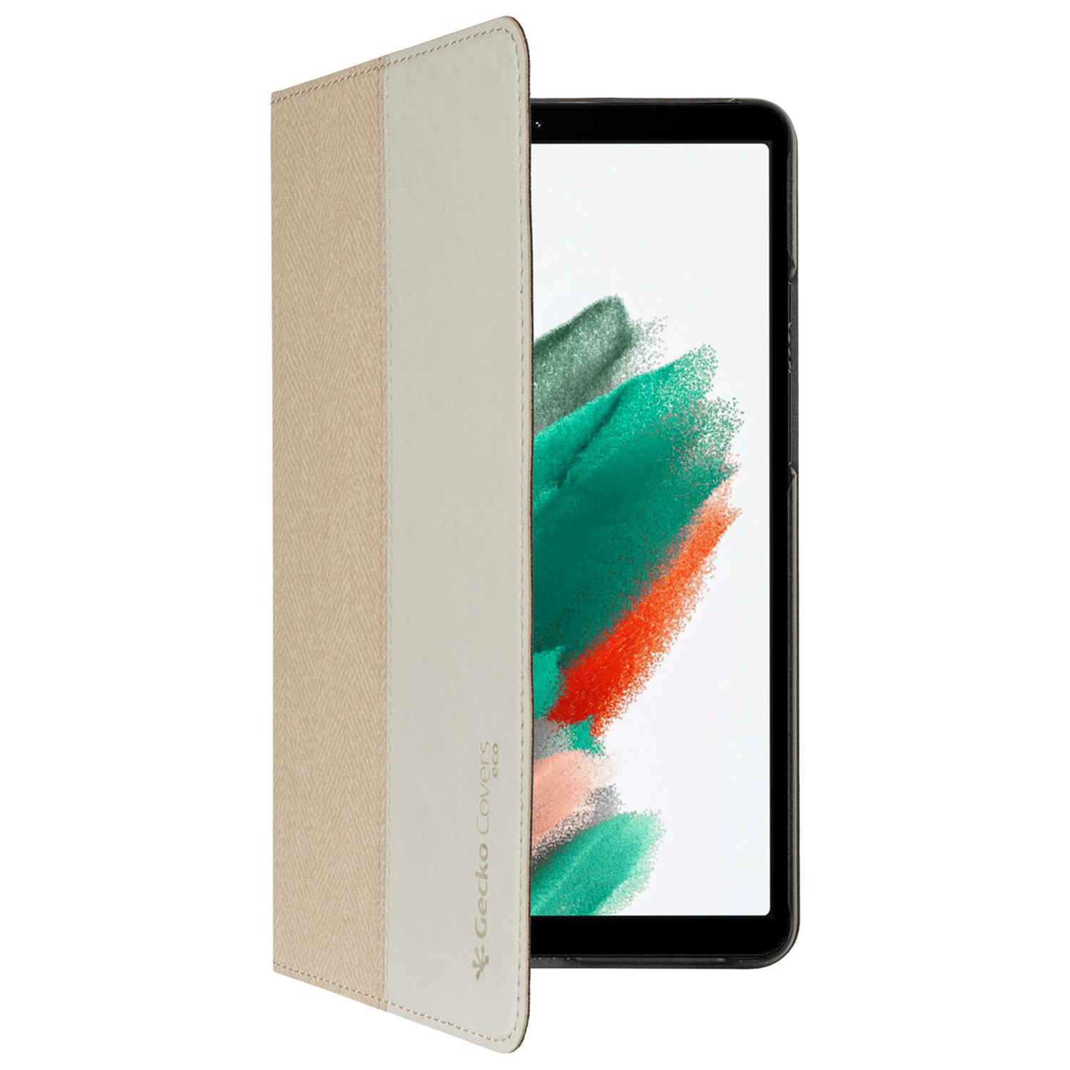 Tablet in a beige case, partially open. The screen shows green and orange graphics.