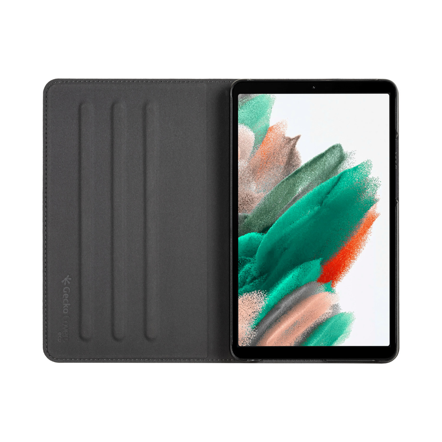 Tablet with a dark grey case, open to reveal the screen. The screen shows a colorful abstract art.