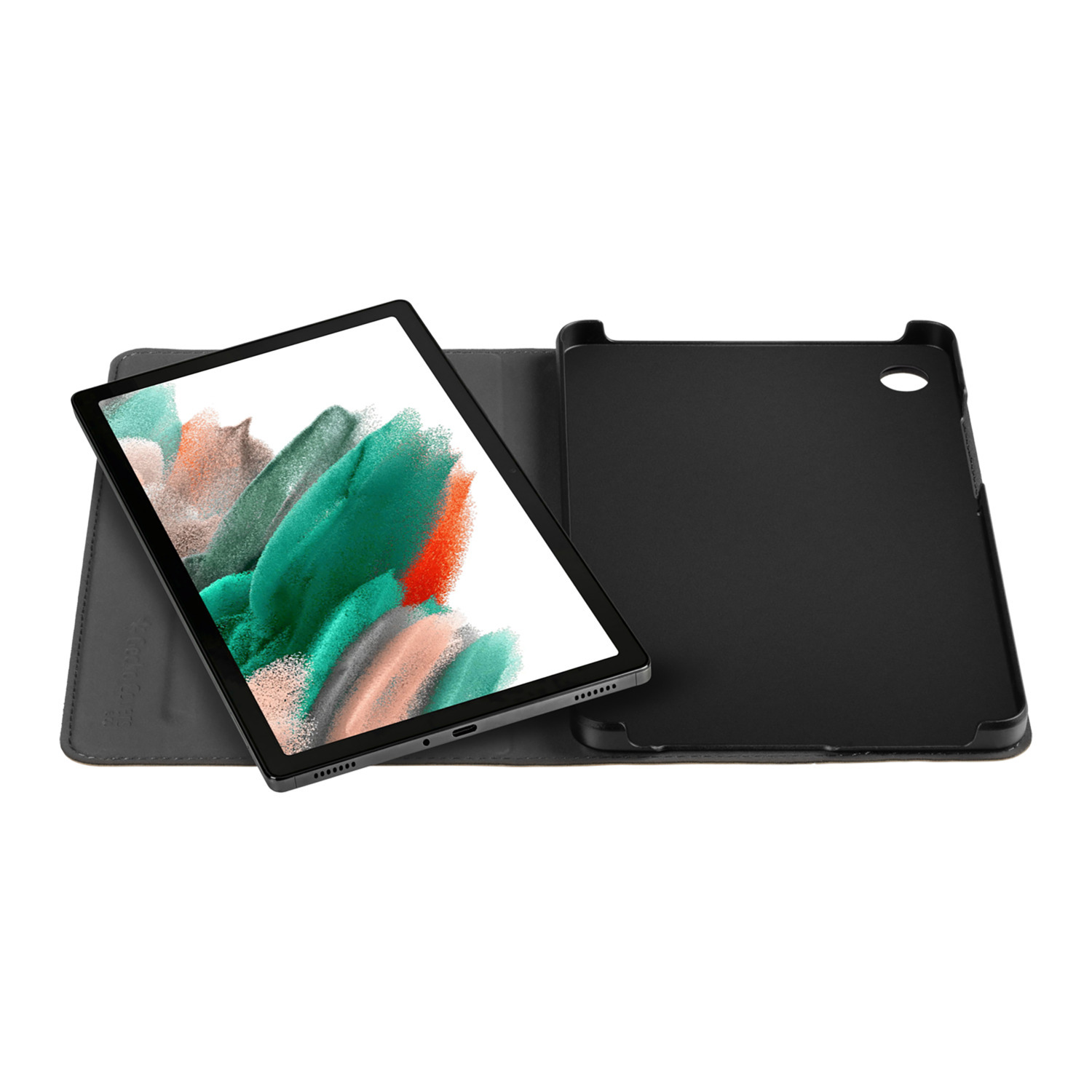 Tablet in a black case, open on a gray surface. The screen is on.