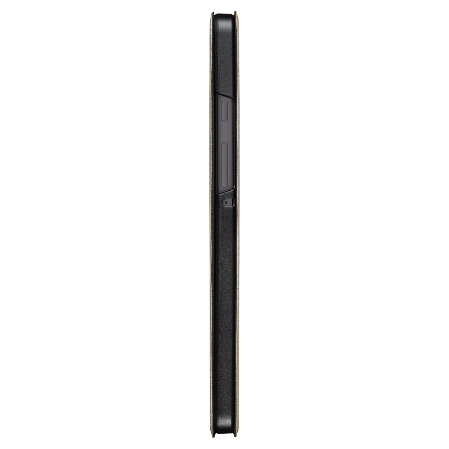 A phone case in a side view. The case is brown with a dark border. Buttons and ports visible.