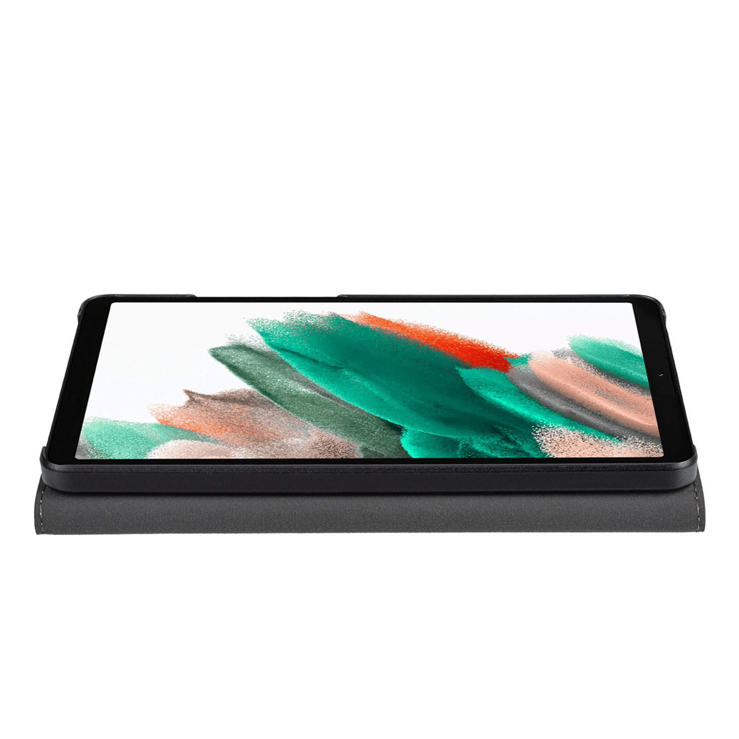 Tablet in a case. Display shows colorful abstract art. White background. Black case.