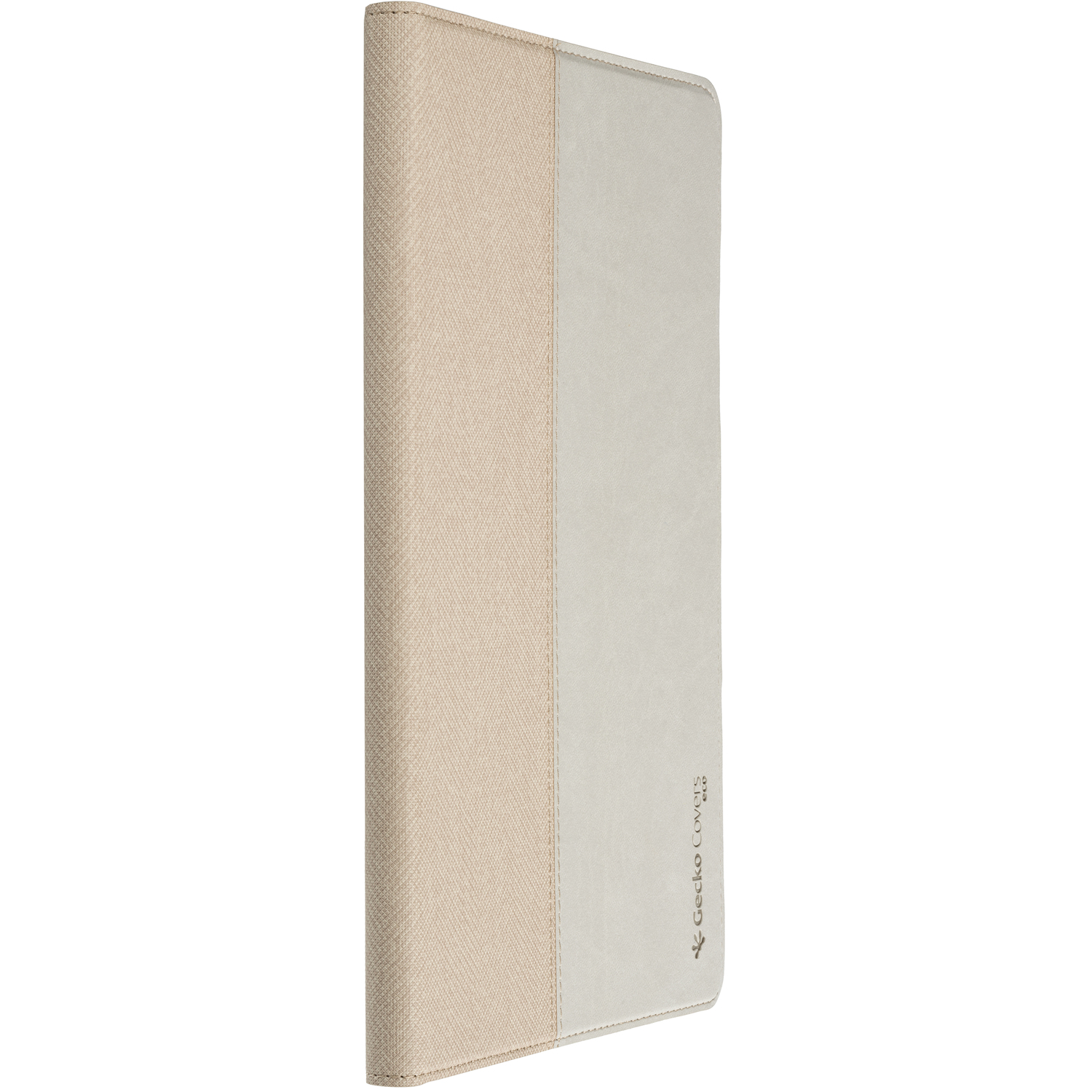 Tan and white tablet case, closed. Vertical view. Gecko Covers logo.