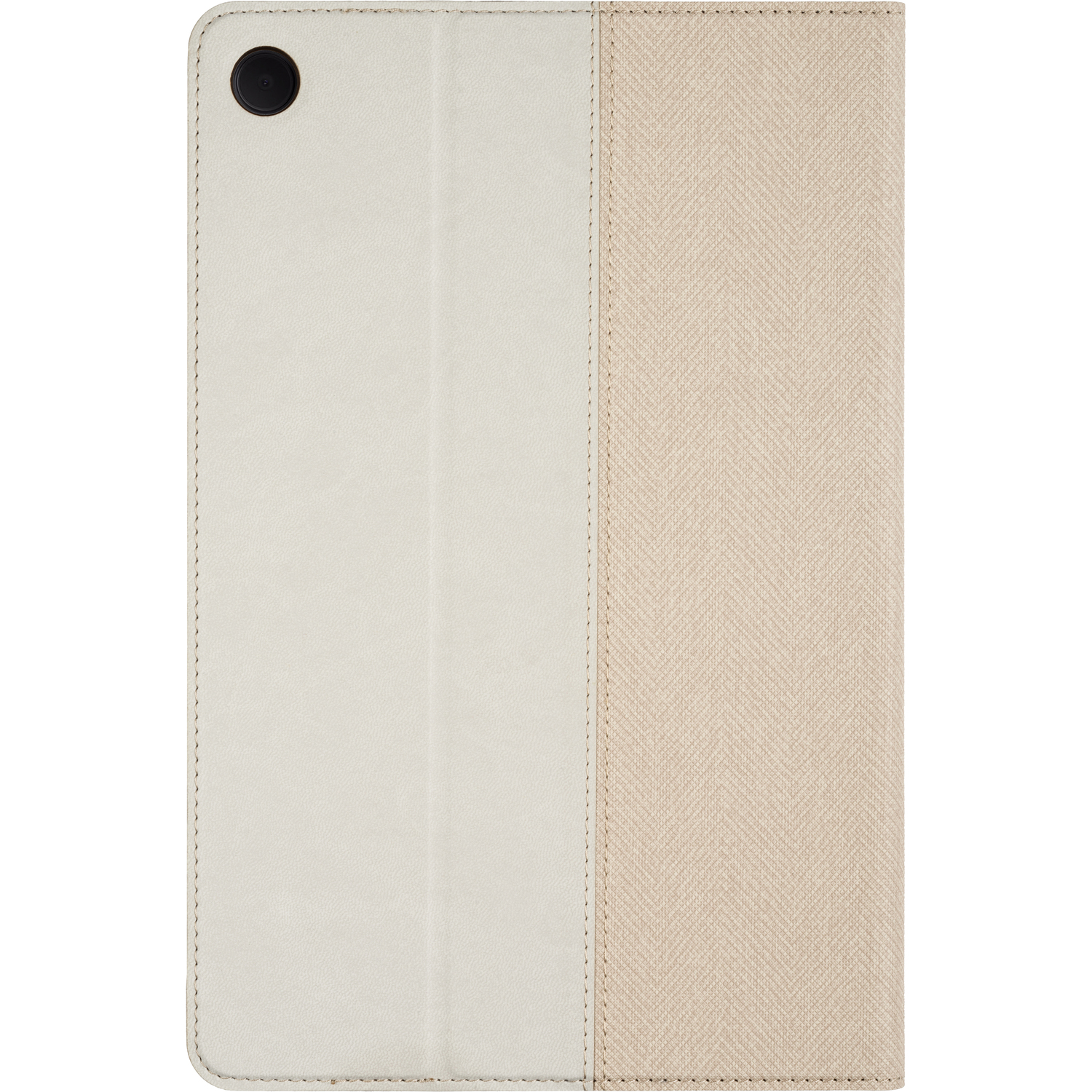 Tablet cover, open, with beige and off-white panels.