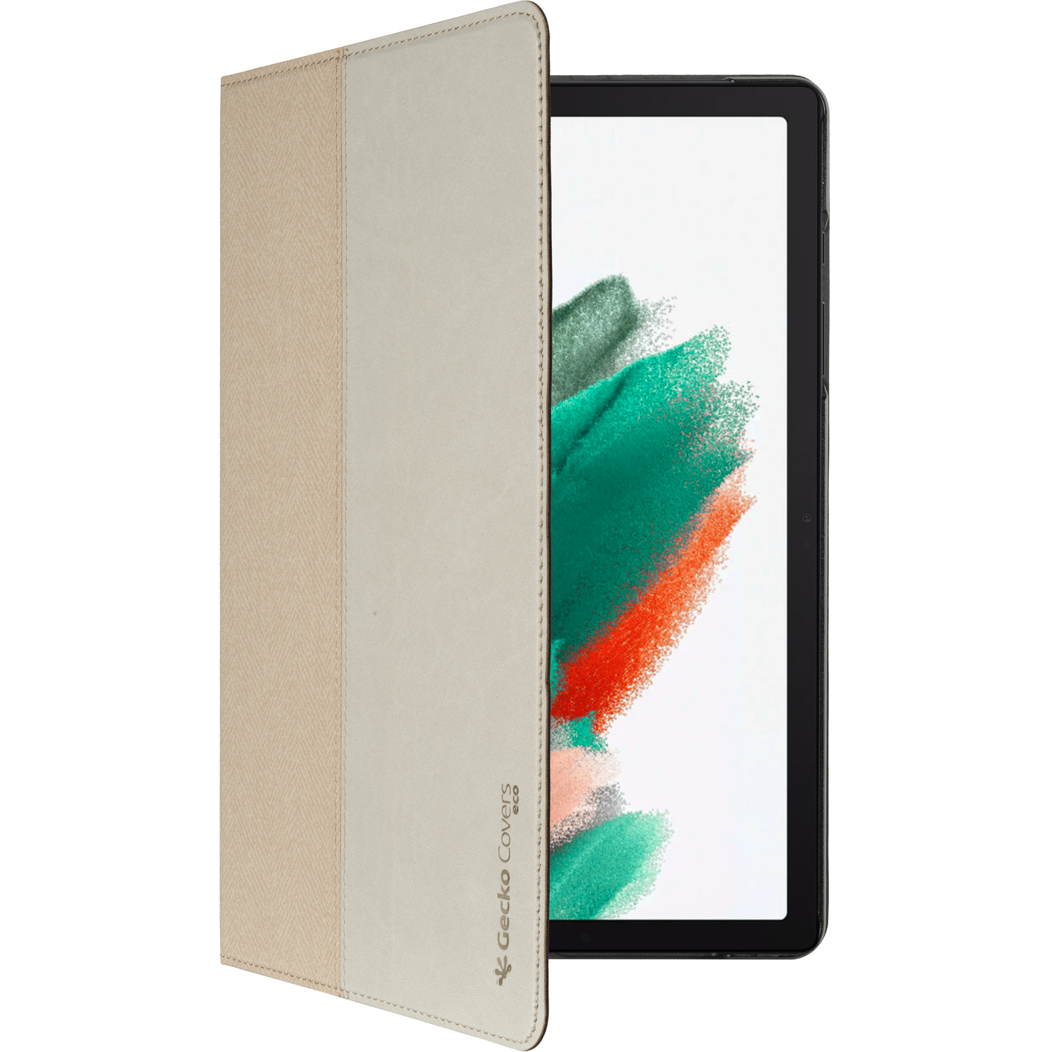 Tablet with a cover, open to display the screen. The cover is beige and the tablet screen shows a colorful image.