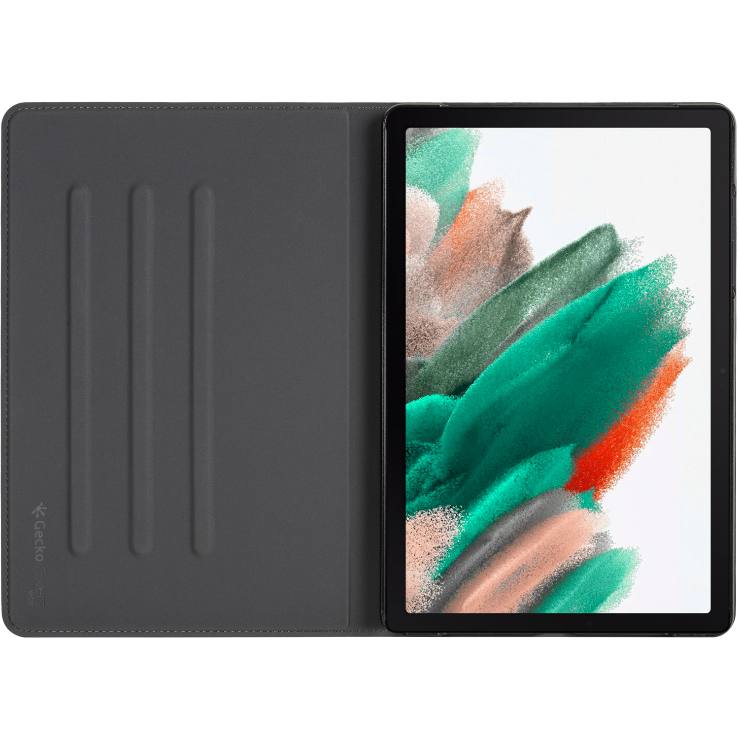 Tablet in a case. Tablet screen shows green and orange abstract paint strokes. Case is open, grey.