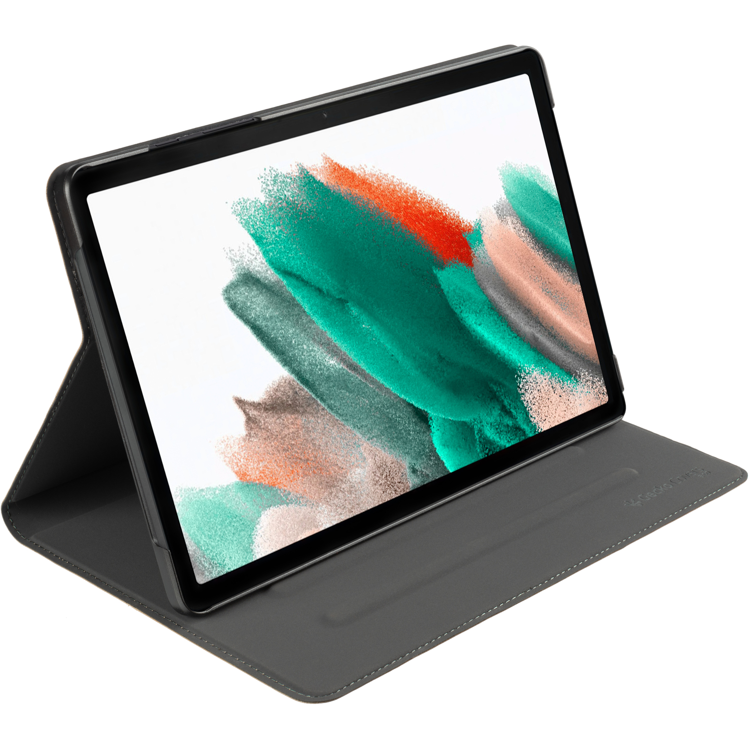 A tablet in a gray case, standing upright. The screen displays a colorful, abstract image.