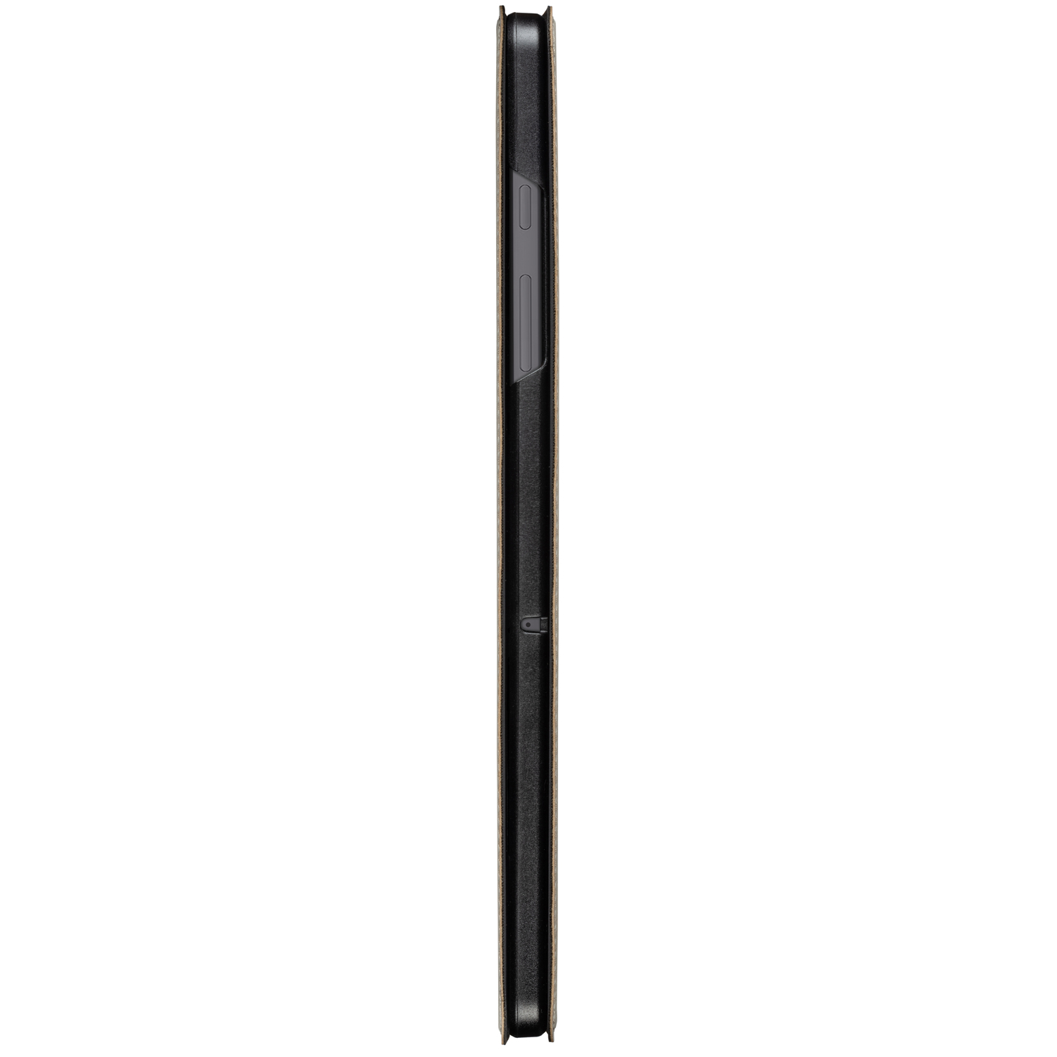 A side view of a closed phone case. The case is brown and black, with a leather-like texture.