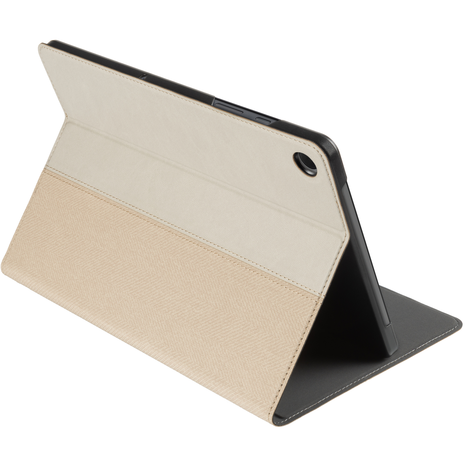 Tablet case, open, tan and white exterior, black tablet inside.