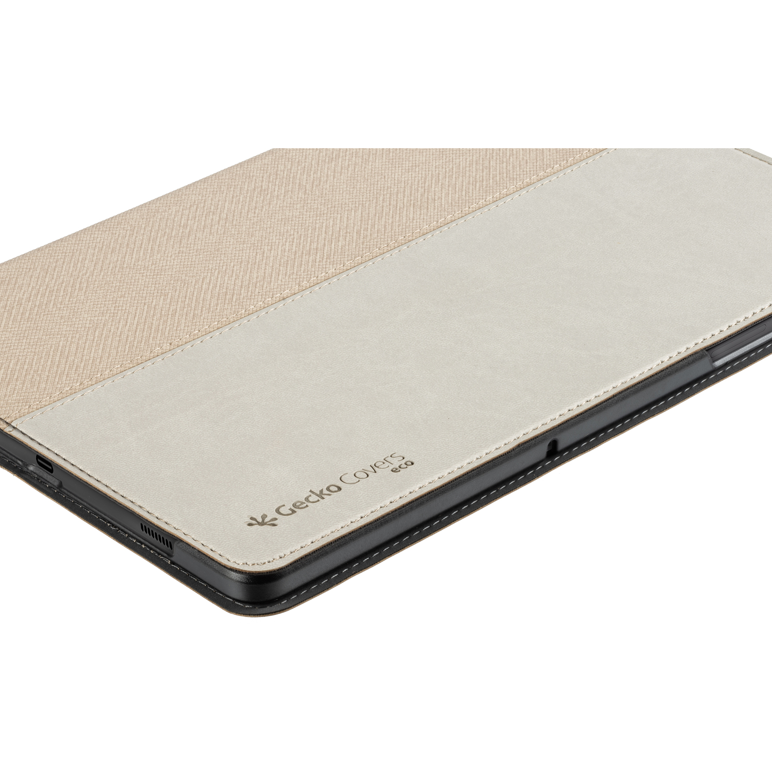 A beige and gray tablet case with a black border and Gecko Covers logo.
