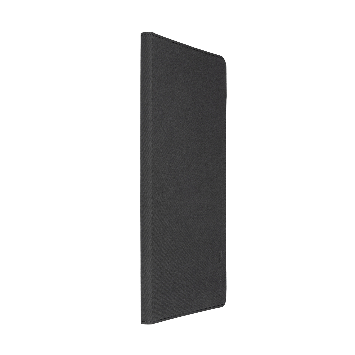 A black tablet case standing upright, on a white background. The case is closed.