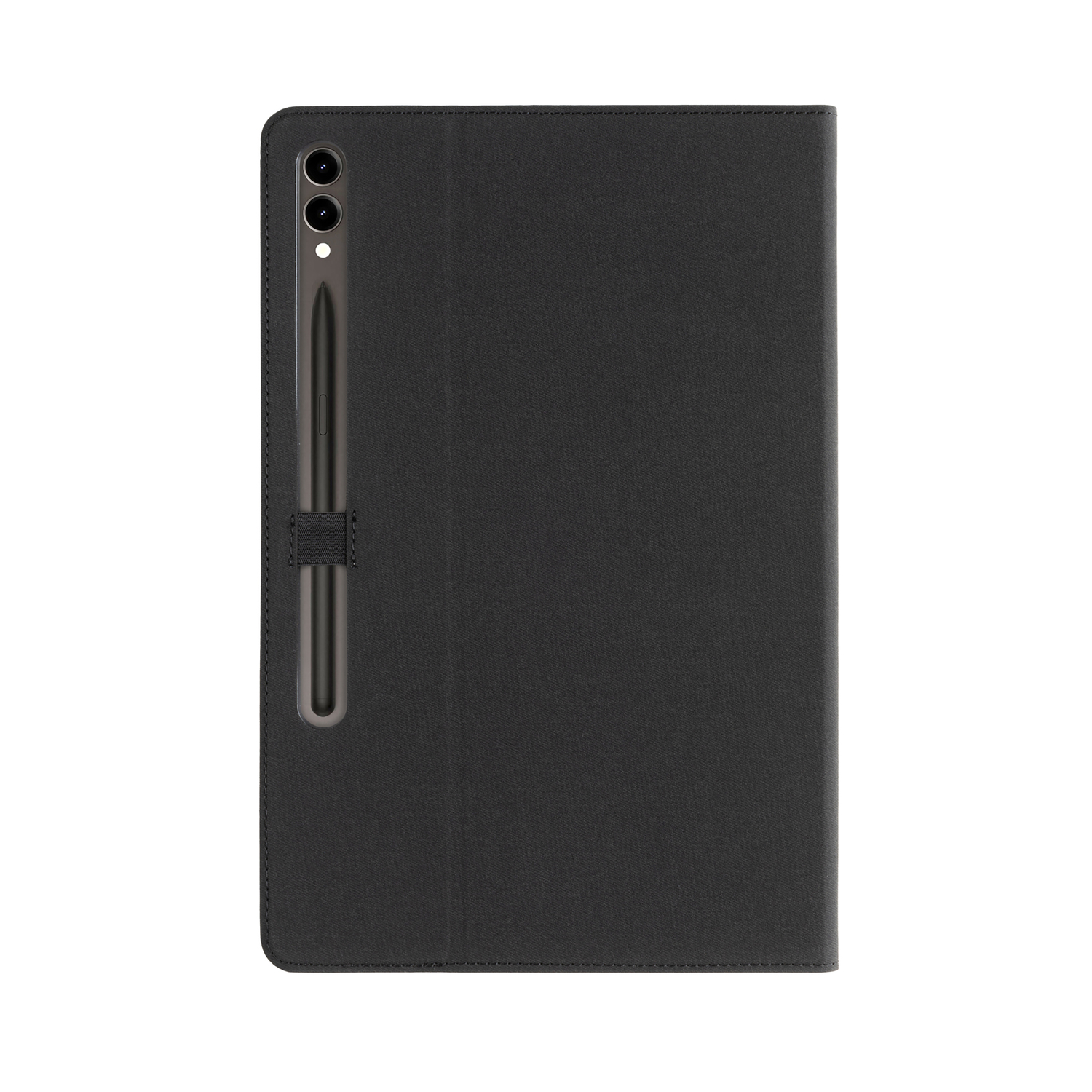 Black tablet case with a stylus, on a white background.