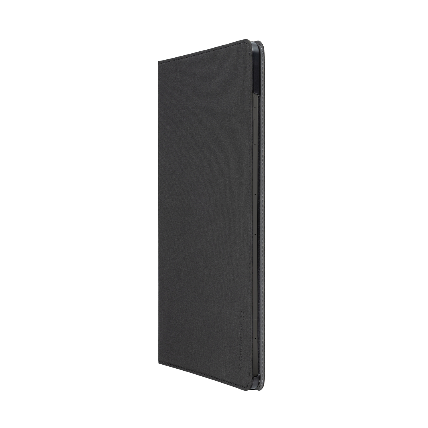 A closed black tablet case. The case is rectangular and standing upright against a white background.
