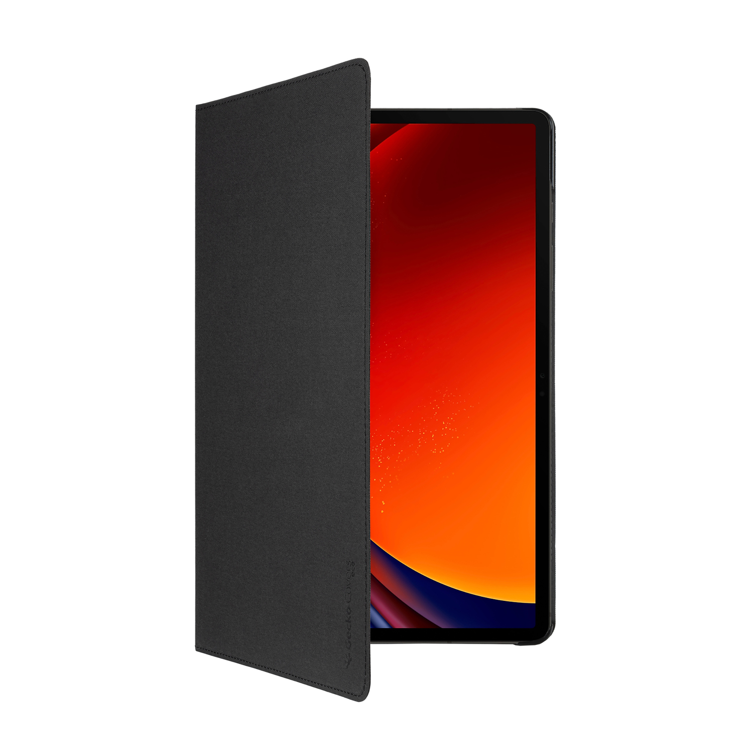 Black tablet with open case, showing a red and blue screen.