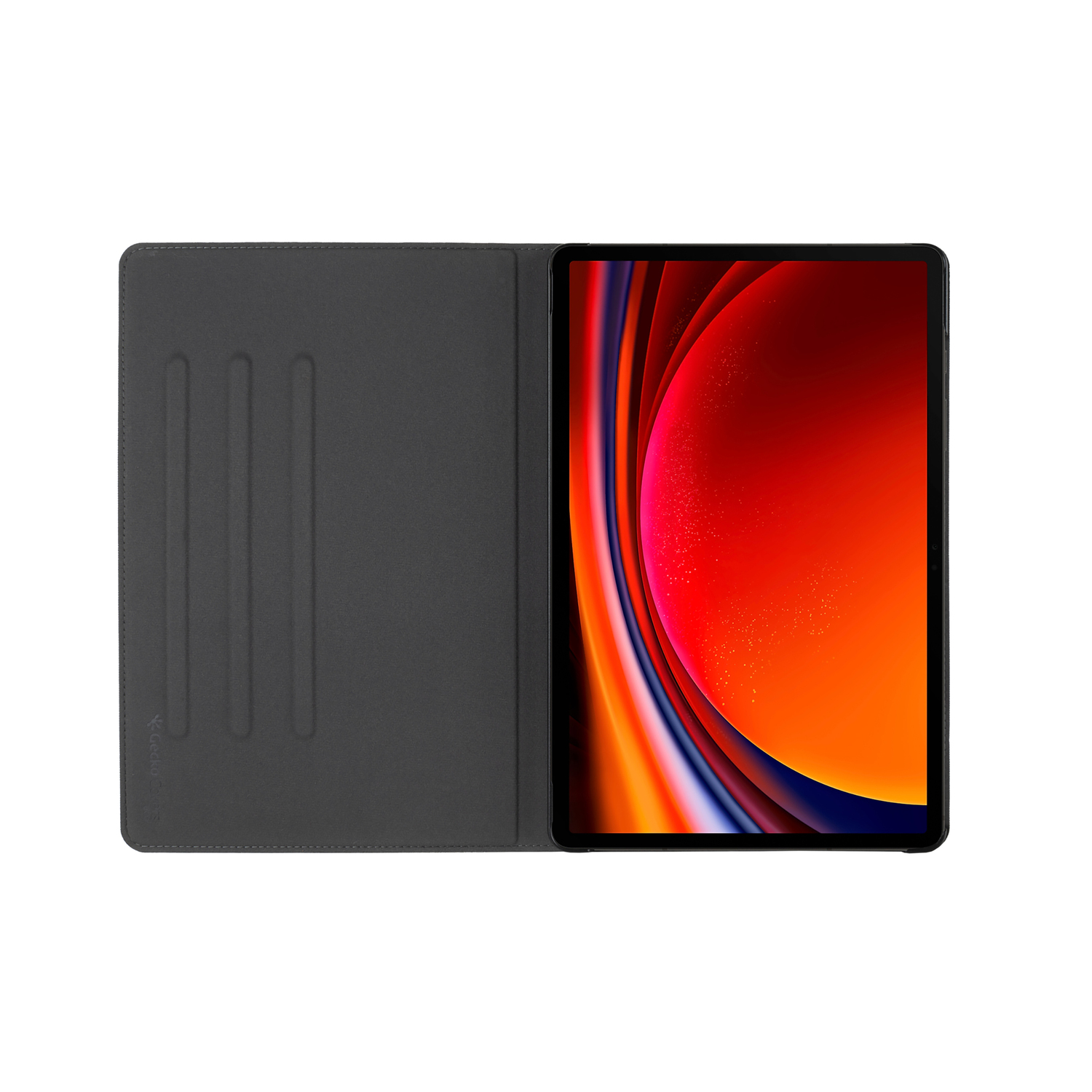Gray tablet case open, black tablet with orange-red screen visible.