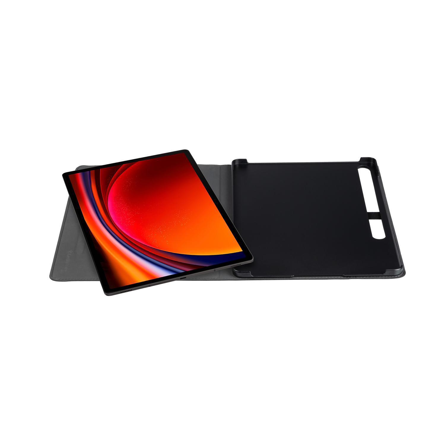 Tablet in a black case, angled, on a white background.