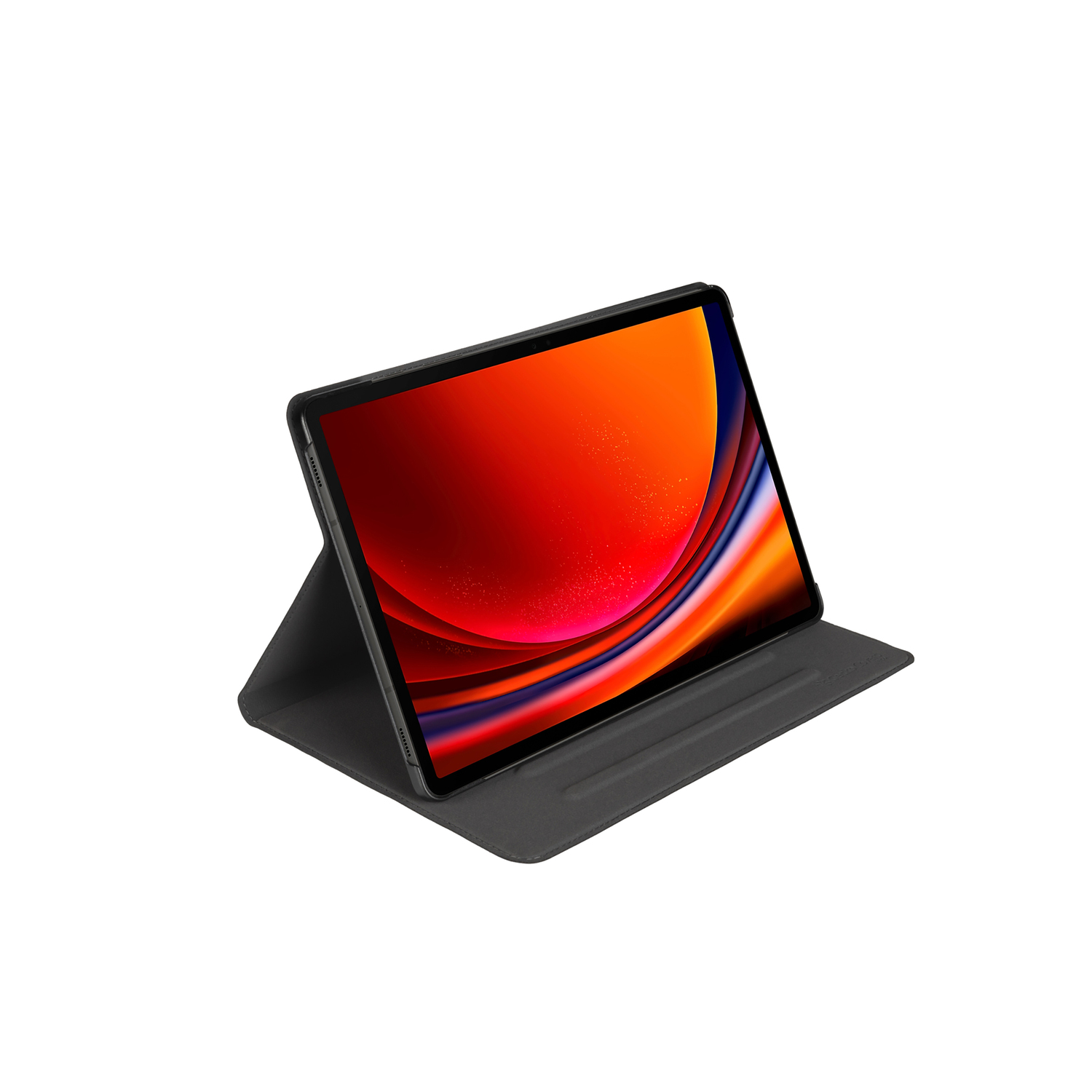 Tablet in a black case, screen displays an orange and red abstract design.