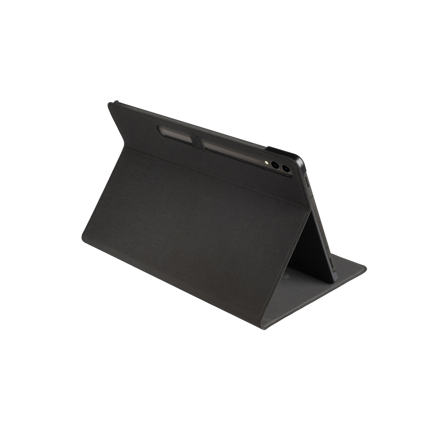 Black tablet with a case in a stand position on a white background.