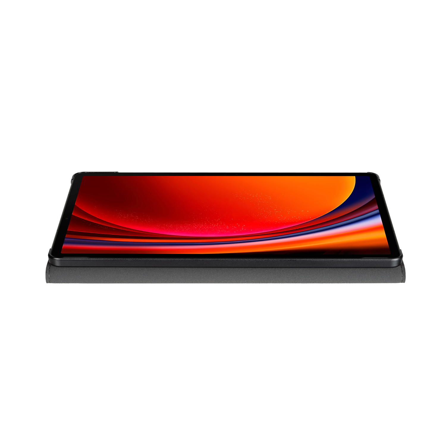 Tablet with orange and red screen. Gray case closed. White background.
